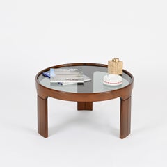 Molteni Italian Round Coffee Table in Walnut with Smoked Glass, 1960s