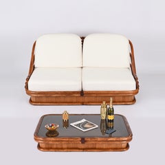 Conjunto de dos sofás y una mesa de centro de ratán y cuero, Vivai del Sud, Italia, década de 1960