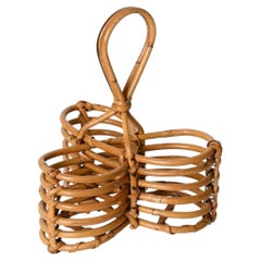 French Riviera Bottle Rack in Curved Bamboo and Wicker, Italy, 1970s