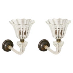 Barovier Large Pair of Murano Glass and Bronzed Brass Flower Sconces, Italy 1940