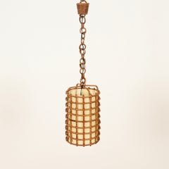 Louis Sognot Pendant Light in Parchment, Rattan and Wicker, France, 1960s