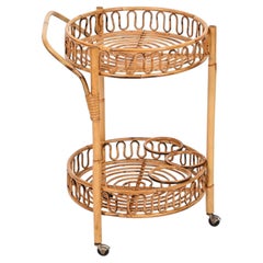 Franco Albini Round Serving Bar Cart in Bamboo, Rattan and Wicker, Italy 1960s