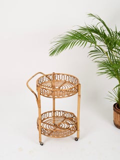 Franco Albini Round Serving Bar Cart in Bamboo, Rattan and Wicker, Italy 1960s