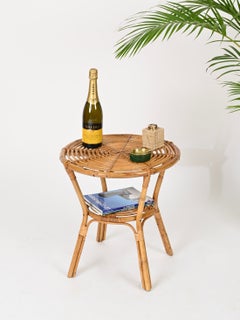 Mid-Century Italian Organic Round Coffee Table in Rattan and Wicker, 1960s