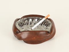 Nova Tecno Round Brown Curved Leather and Cut Crystal Ashtray, Italy, 1950s