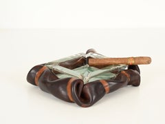 Nova Tecno Italian Curved Leather and Crystal Glass Ashtray, 1950s