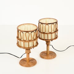 Juego de dos lámparas de mesa de Franco Albini en ratán, pergamino y mimbre, Italia, década de 1960
