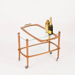 Chariot de bar « Cesare Lacca » en bois de hêtre et laiton, avec plateau amovible, Italie, années 1950