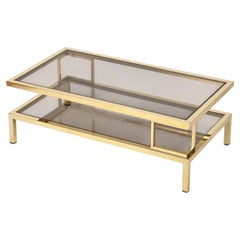 Romeo Rega Large Italian Gilt Brass and Smoked Glass Coffee Table, 1970s