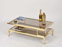 Romeo Rega Large Italian Gilt Brass and Smoked Glass Coffee Table, 1970s