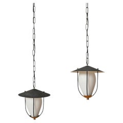 Stilnovo Pair of Italian Opaline Glass and Brass Pendant Lanterns, 1950s
