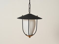 Stilnovo Pair of Italian Opaline Glass and Brass Pendant Lanterns, 1950s