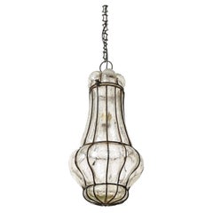 Lanterne suspendue ancienne de Seguso, en verre de Murano soufflé à la bouche et en fer, Italie, années 1930