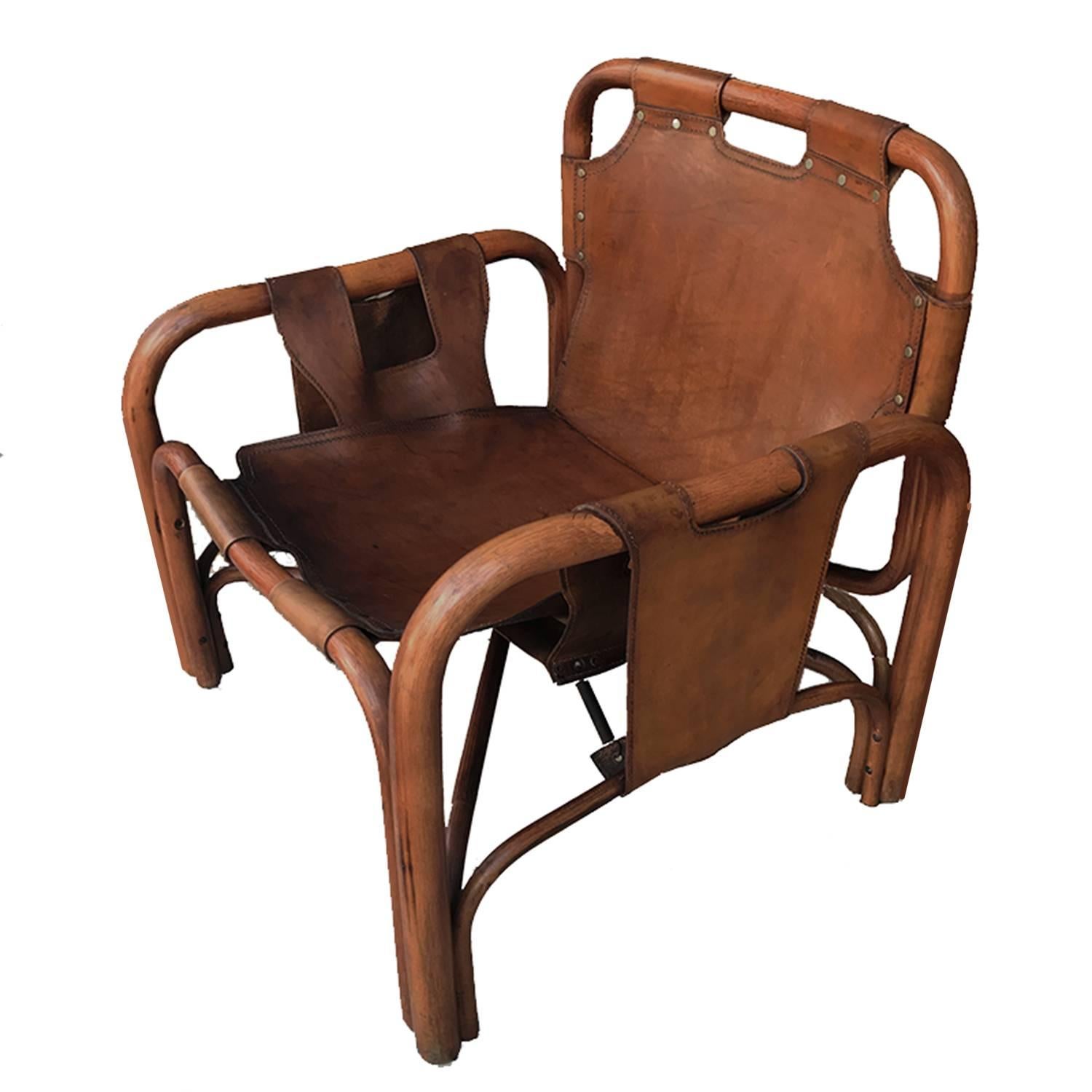Italian Mid-Century Modern Bamboo and Leather Lounge Chair by Bonacina 1