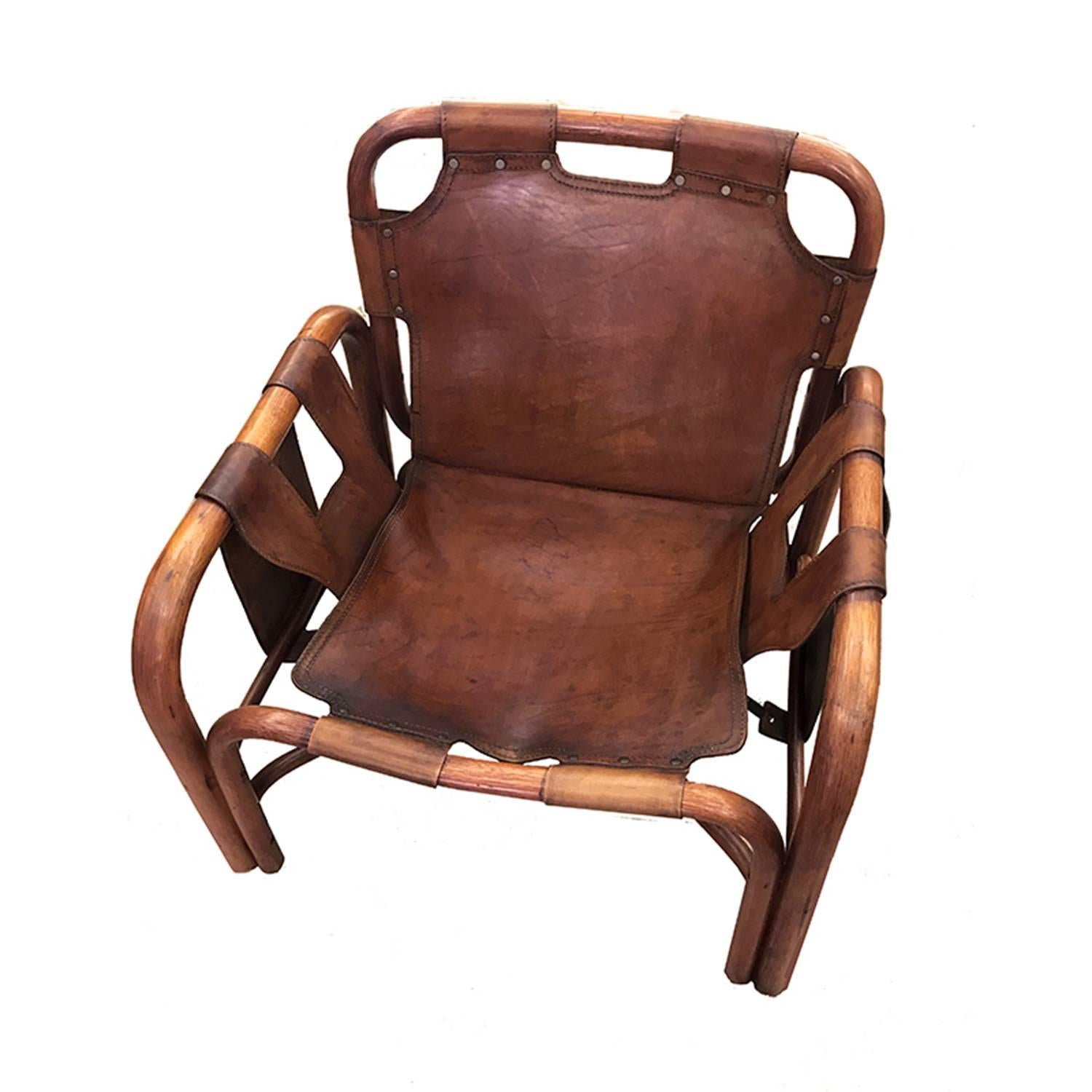 Italian Mid-Century Modern Bamboo and Leather Lounge Chair by Bonacina 2