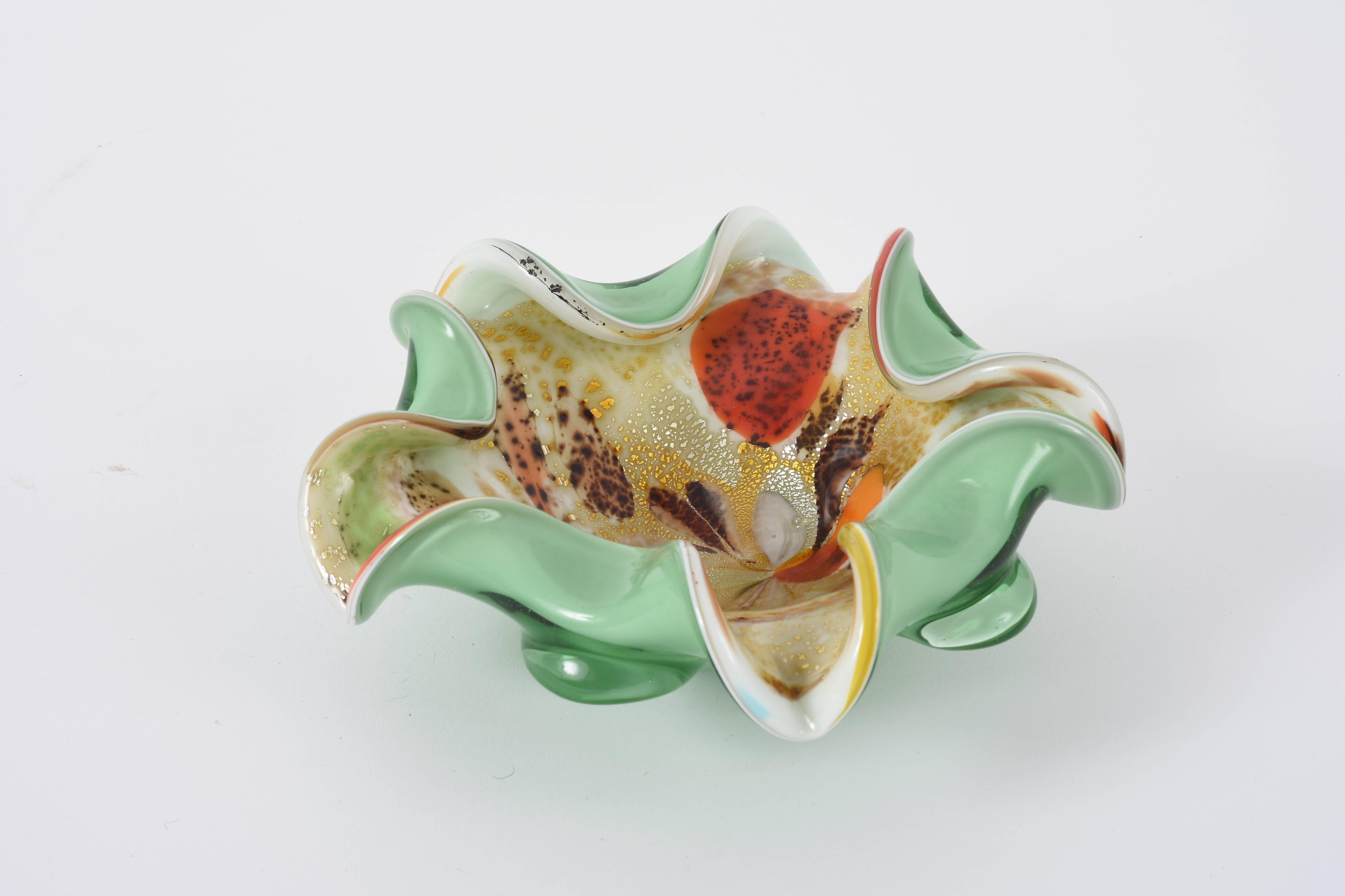 Mid-Century Modern Dino Martens Italian Murano Glass Bowl Pastel Colors Gold Flecks Tutti Frutti