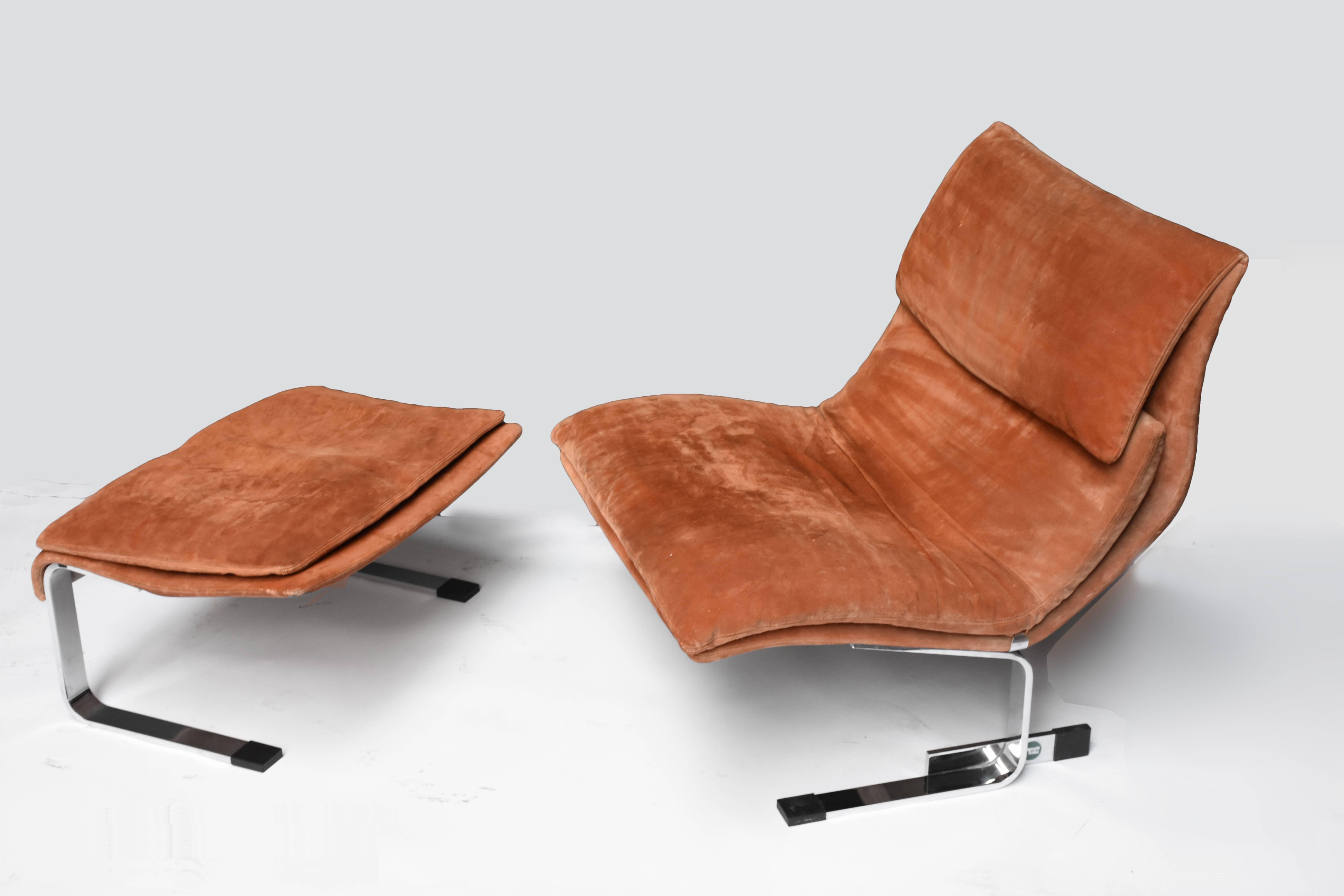 Steel Italian Onda Lounge Chair and Ottoman by Giovanni Offredi for Saporiti, 1970s