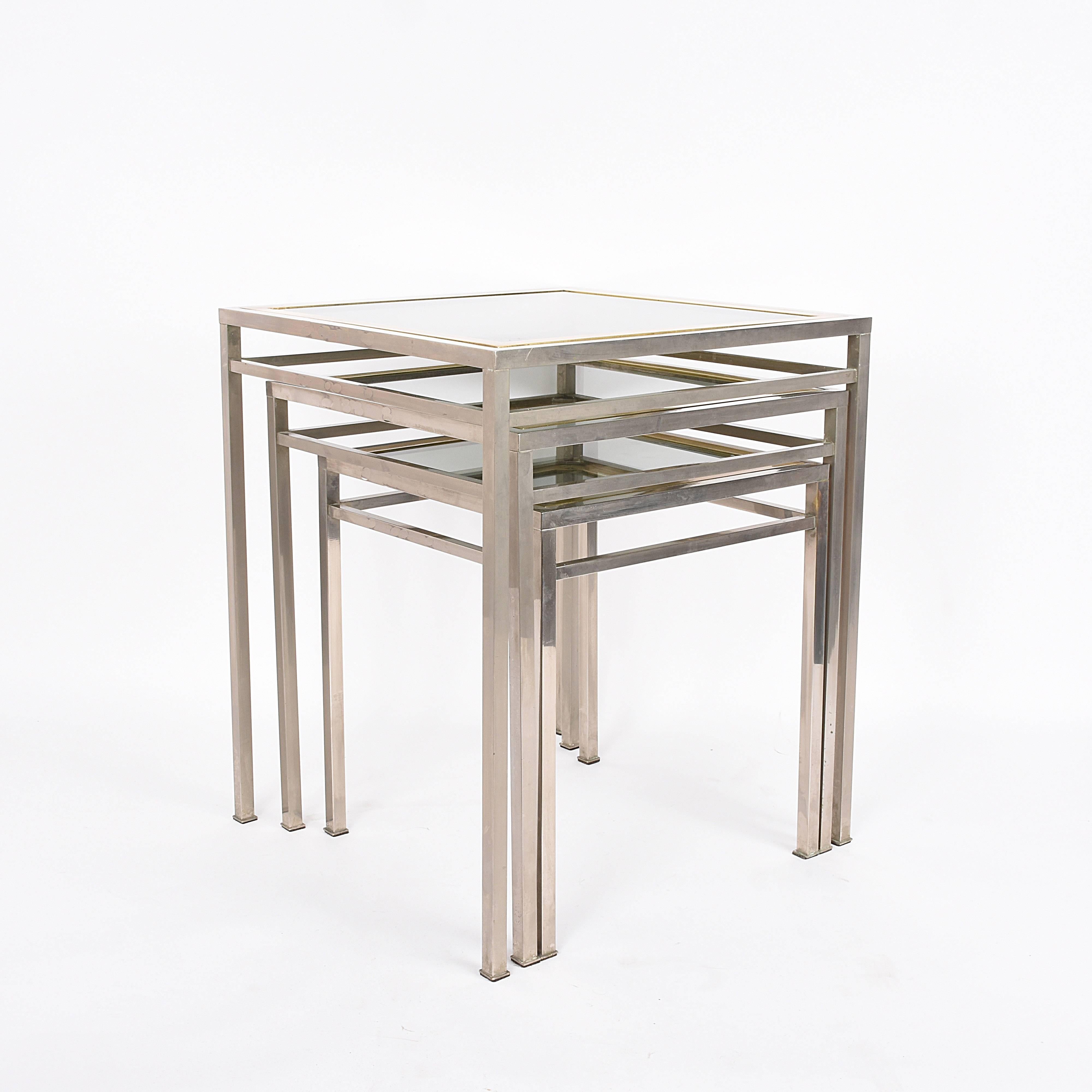 Midcentury Metal, Brass and Smoked Glass Extractable Coffee Tables, Italy, 1970s 2