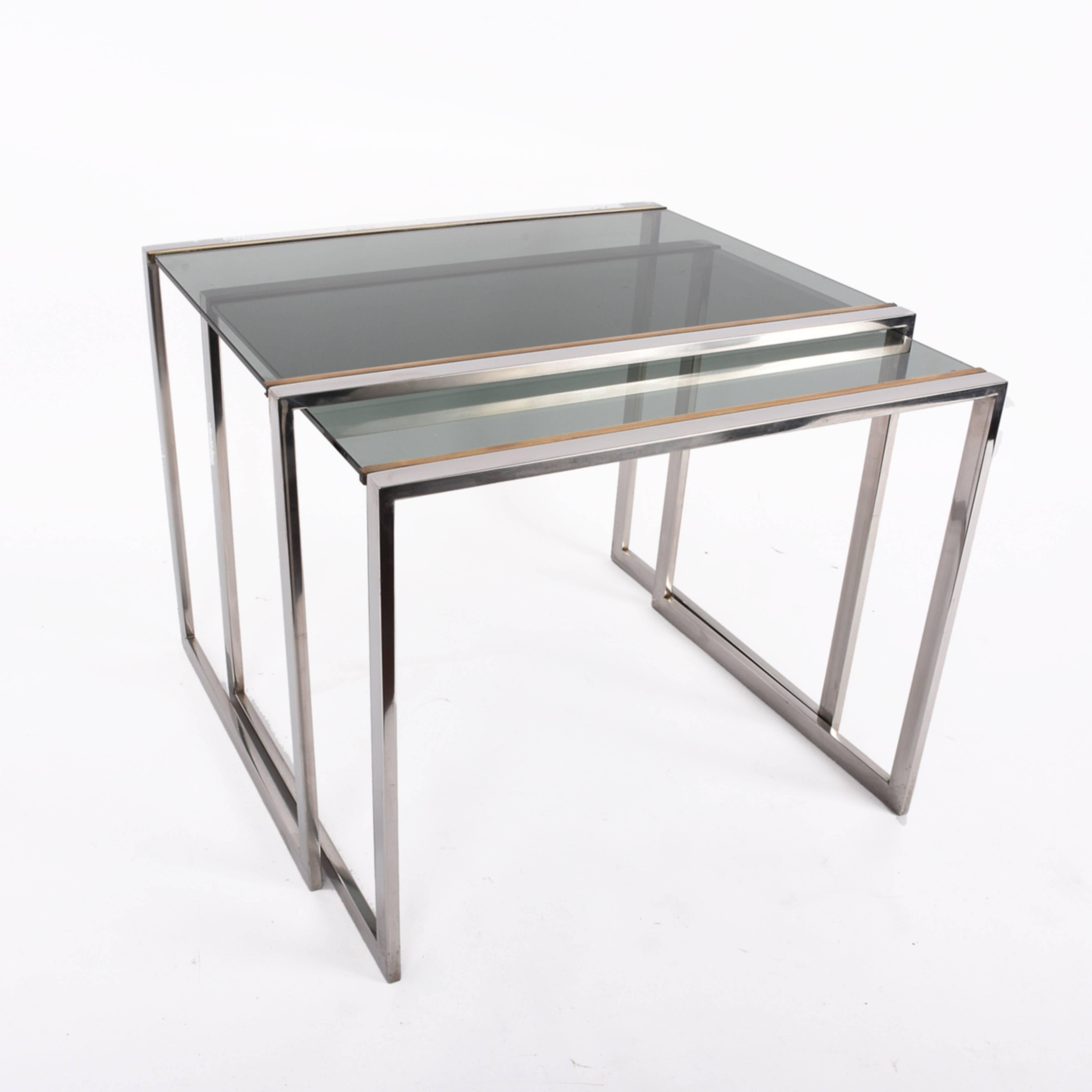 Mid-Century Modern Nest of tables in metal and brass smoked glass: France 1970s 