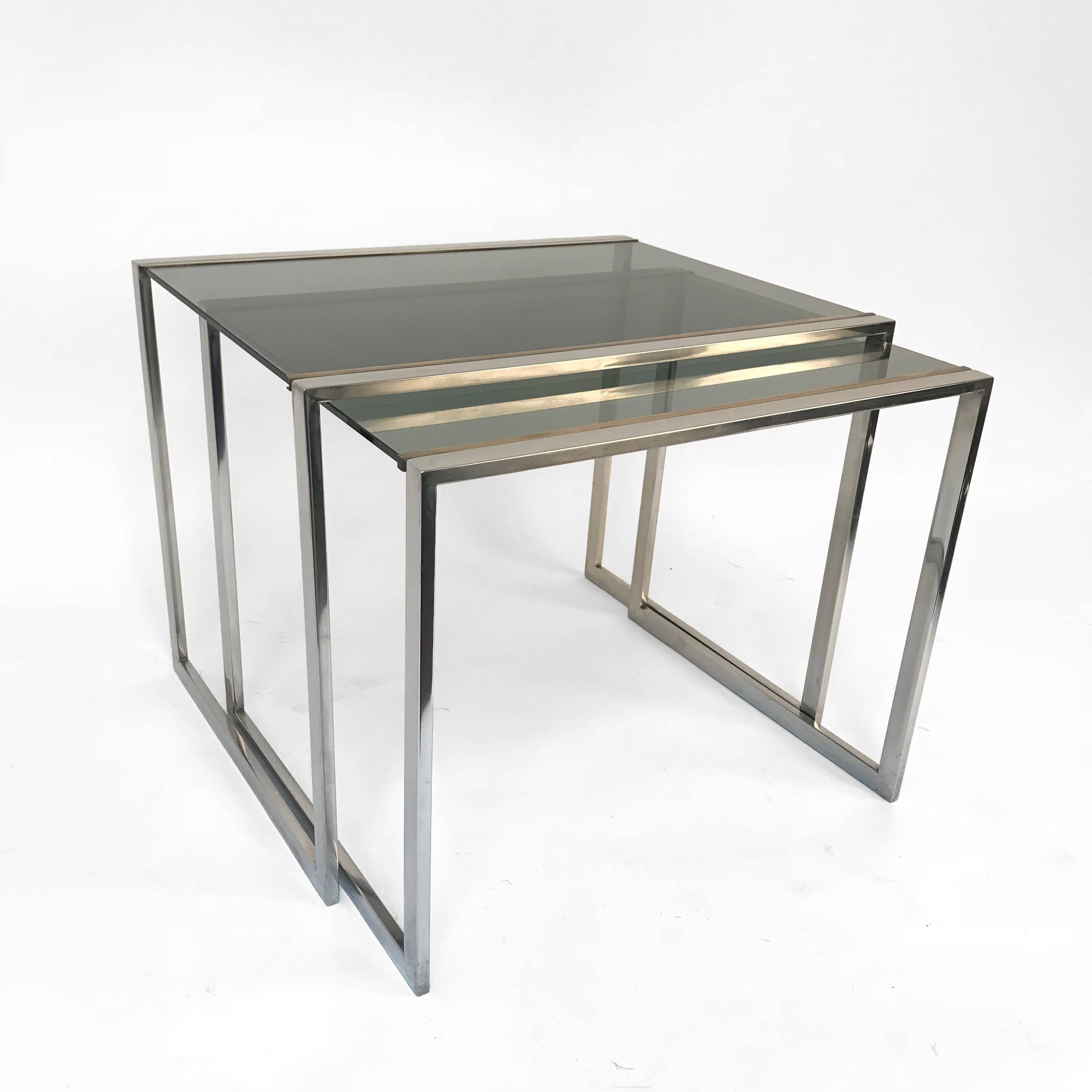 French Nest of tables in metal and brass smoked glass: France 1970s 