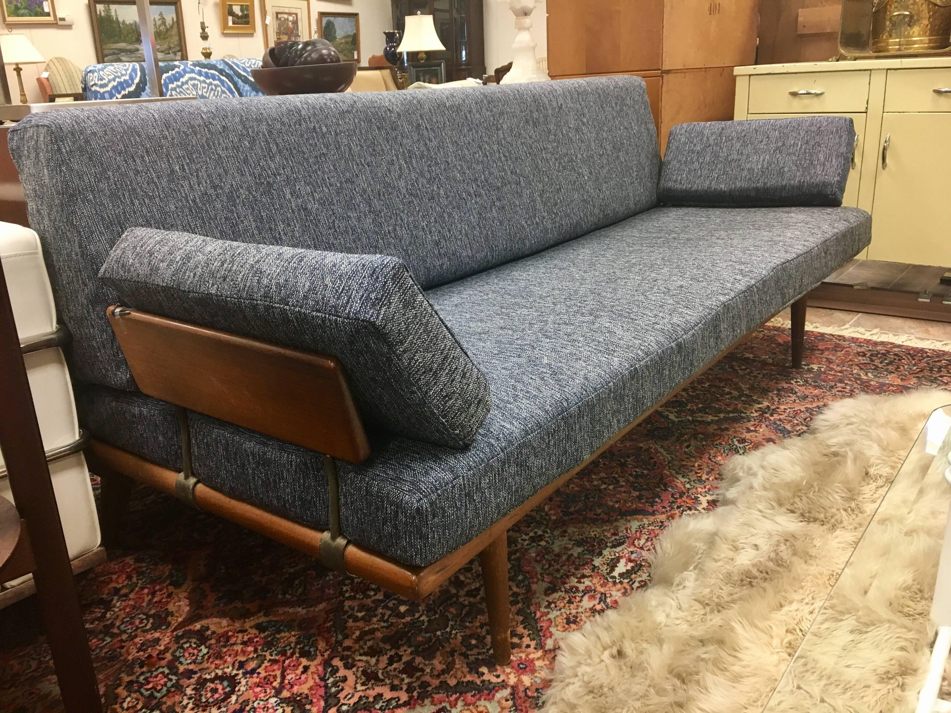Midcentury Peter Hvidt & Orla Mølgaard Minerva Danish modern daybed sofa. The model is Minerva. Manufactured by France and Son for John Stuart Inc. Fabric is brand new - a lighter navy blue weave in the manner of Knoll fabric.
  