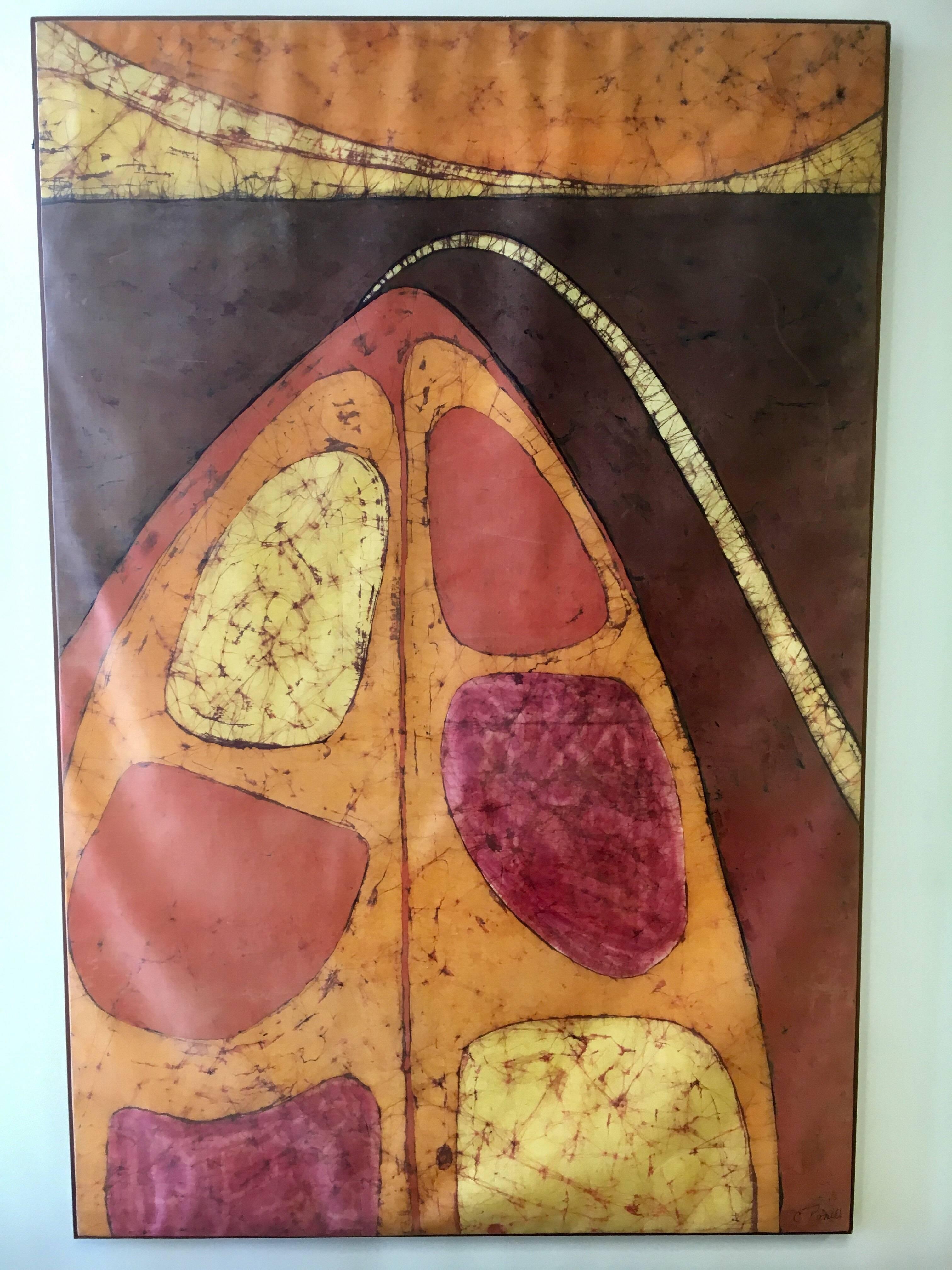 Vibrant original signed 1960s batik large painting signed by the artist in lower right by C. Powell. Framed and ready to hang. Unusual colors feature pink, gold, brown, orange and black.