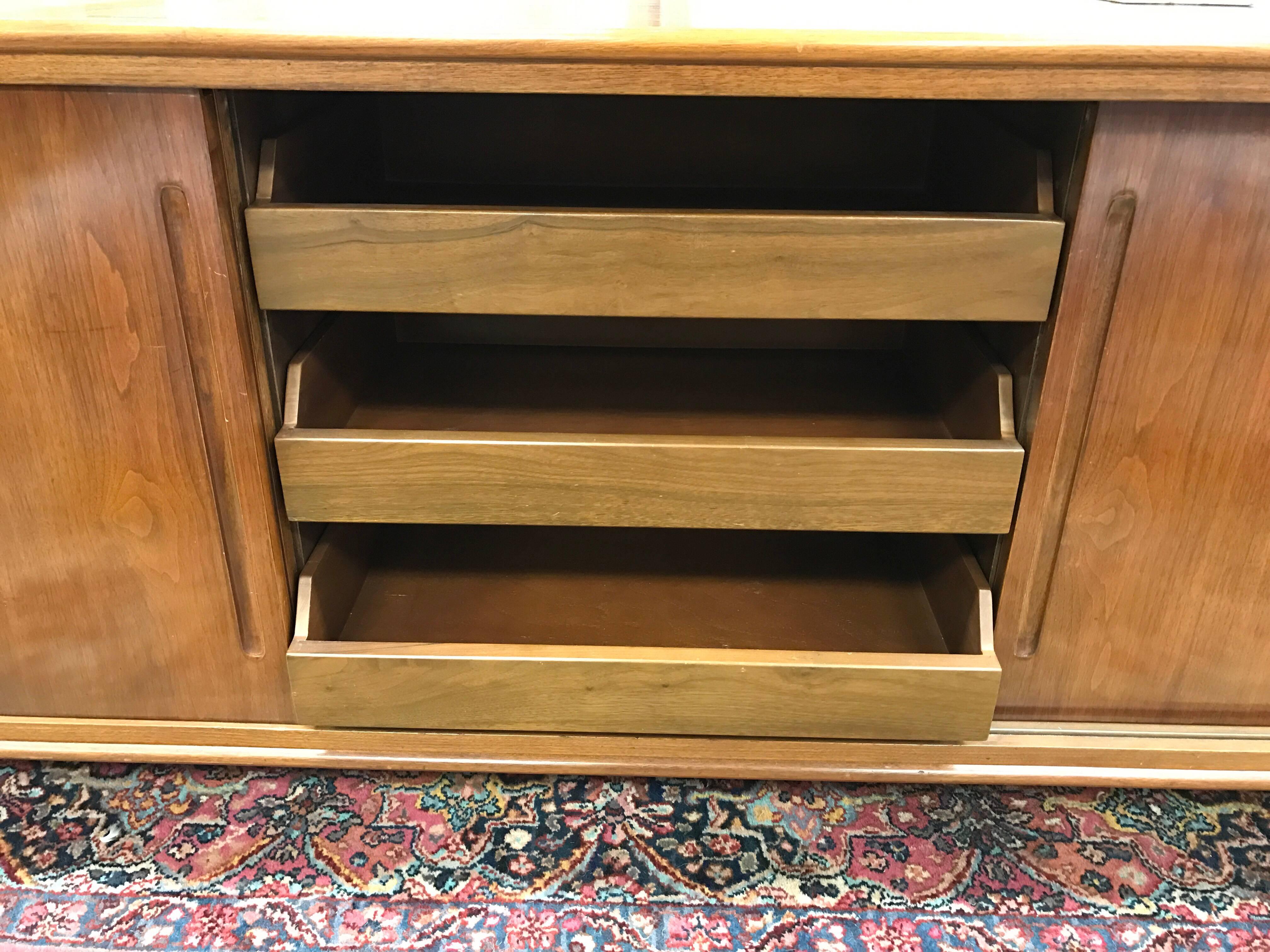 Mid-20th Century Midcentury Sliding Tile Front Walnut Sideboard Credenza Bar Buffet Server