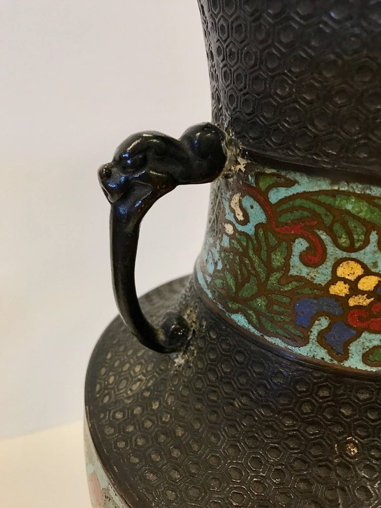 Turn of 20th Century Japanese Champlevé Bronze Enamel Vase Urn For Sale
