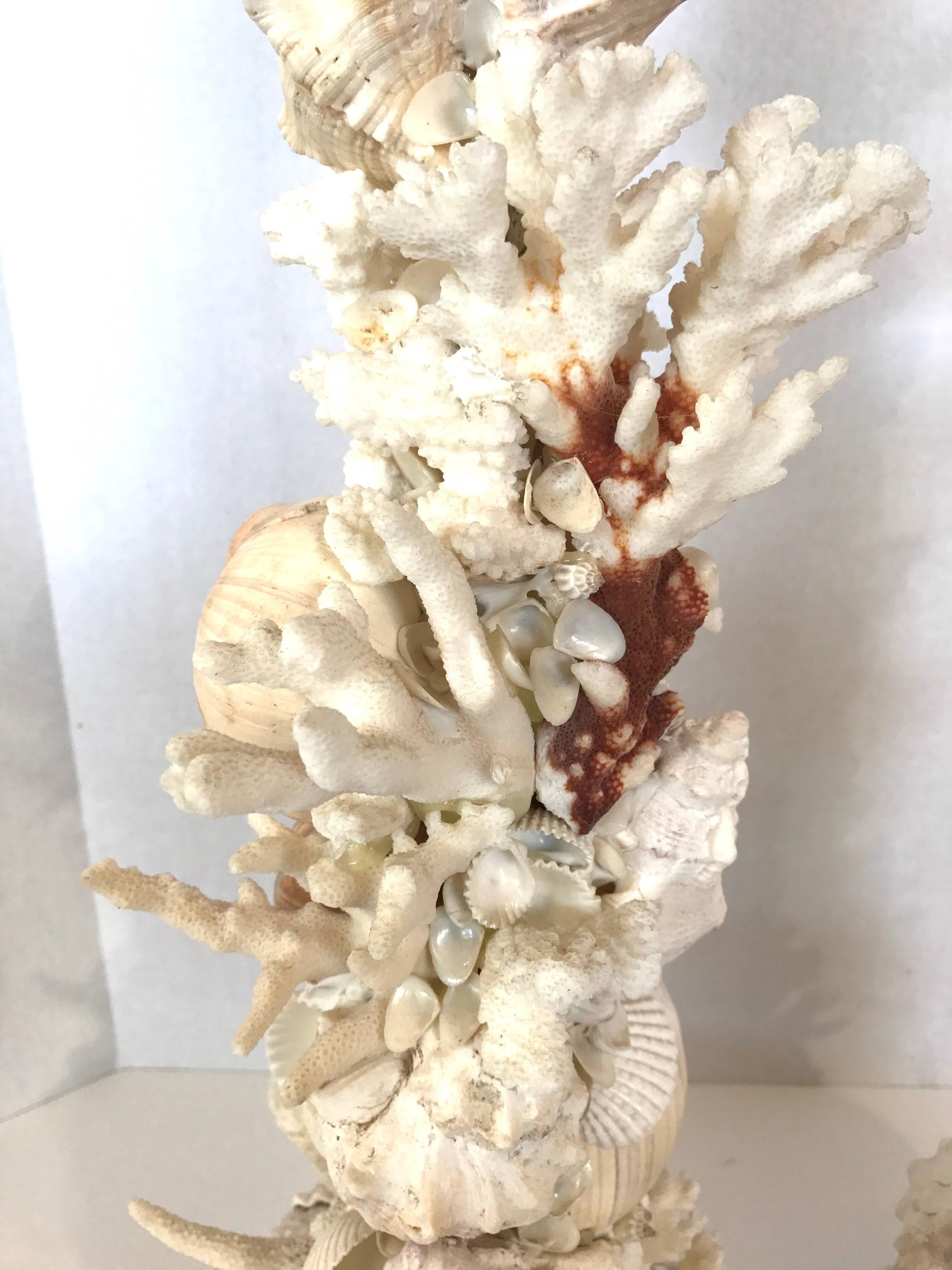 Shell Pair of Tall Seashell Encrusted Candleholders Candlesticks