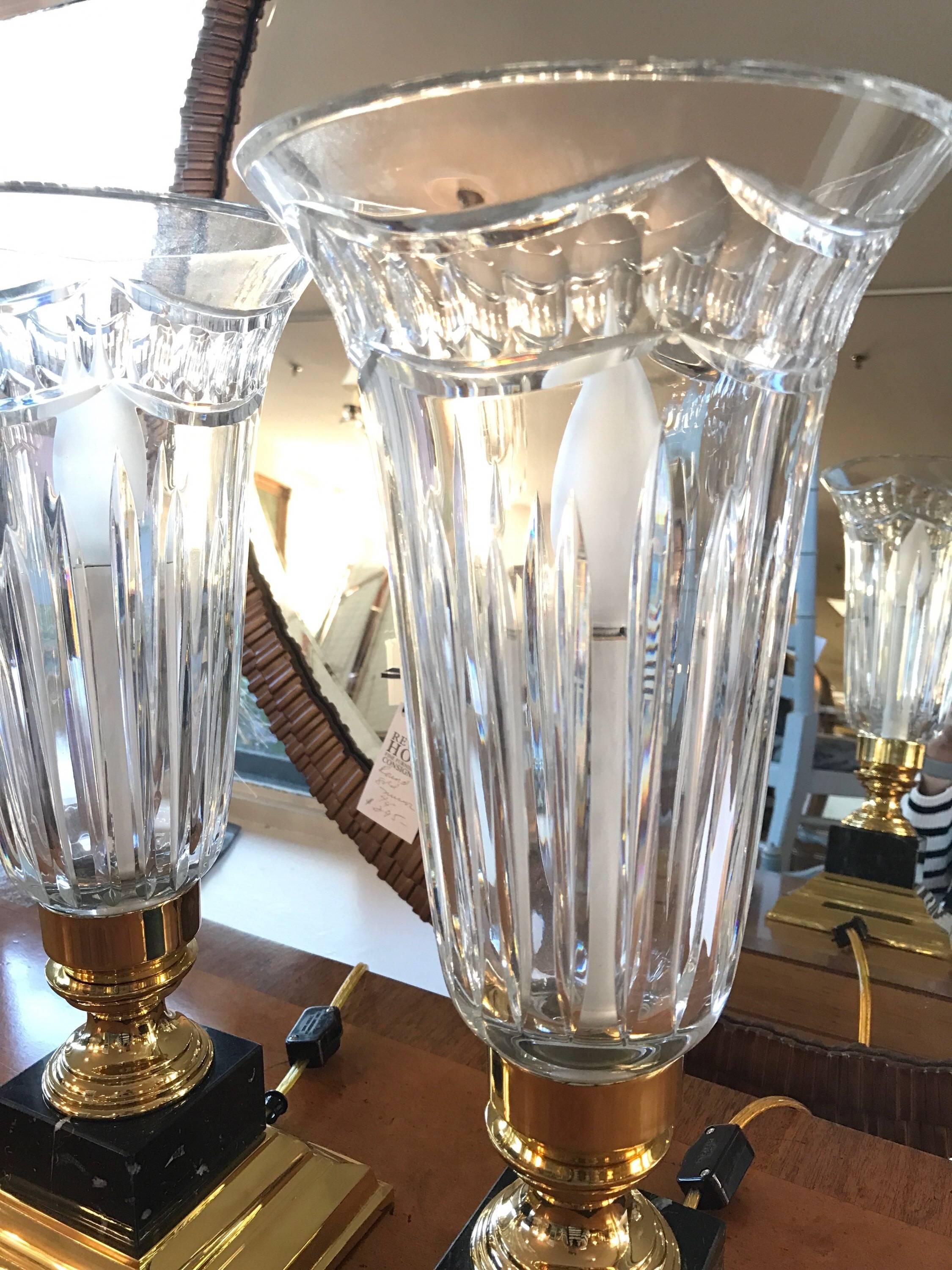 Art Deco Pair of Waterford Crystal Electric Hurricane Lamps Pompeii Marble Base