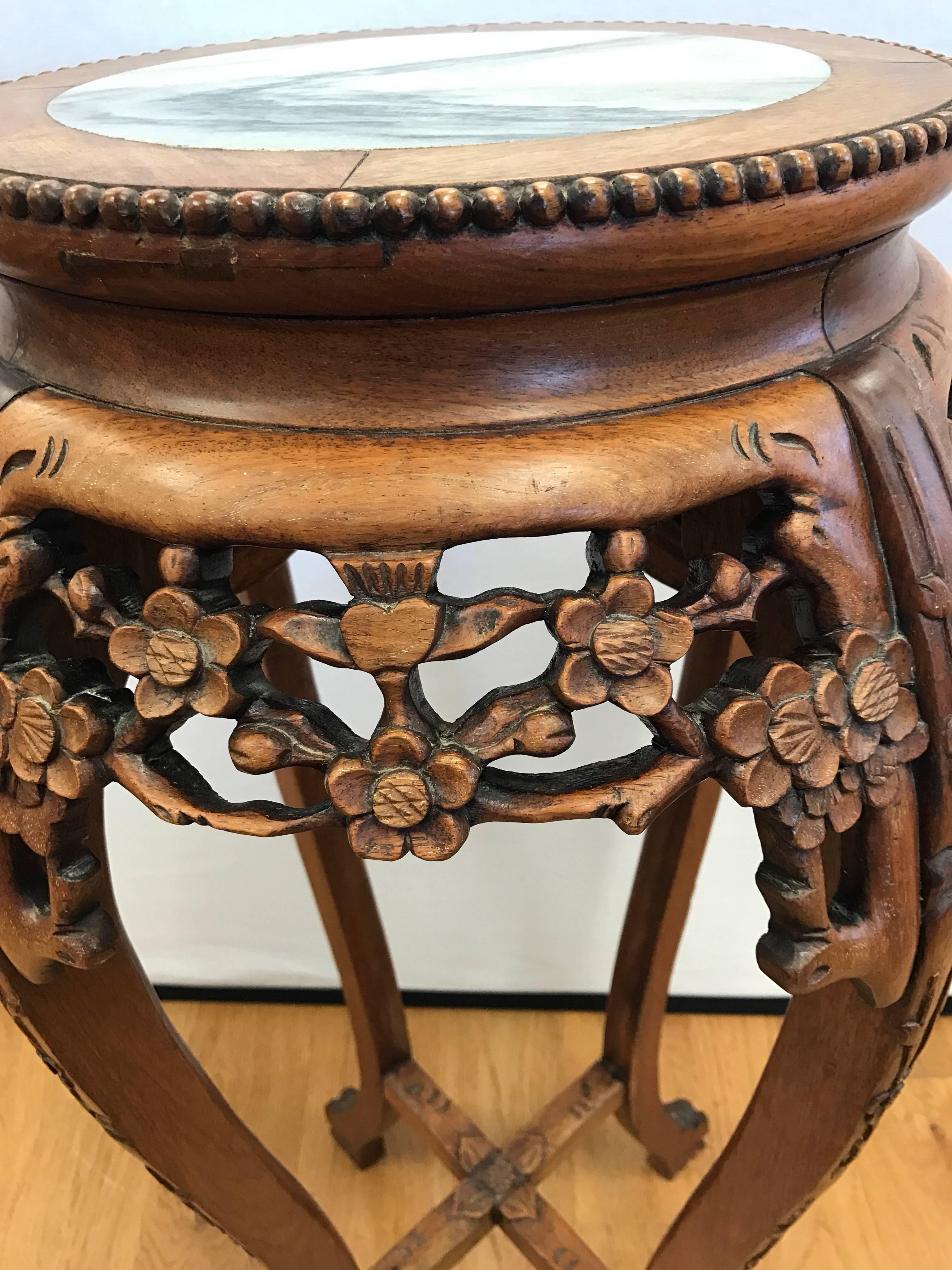 Chinese Export Carved Fruitwood Chinese Stand with Marble Top