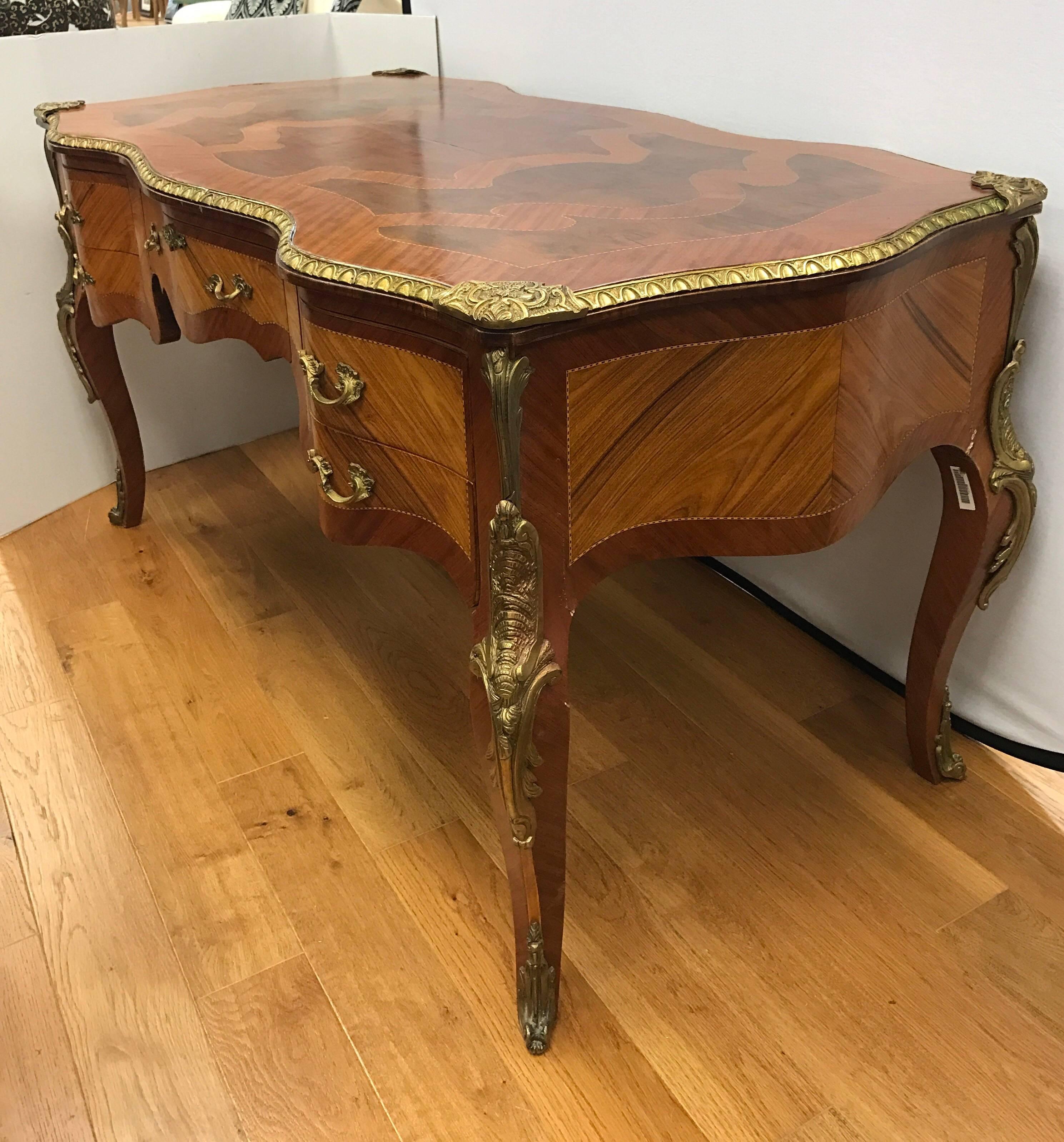 French Louis XV Writing Desk Bureau Plat with Parquetry and Bronze Ormolu Mounts 1
