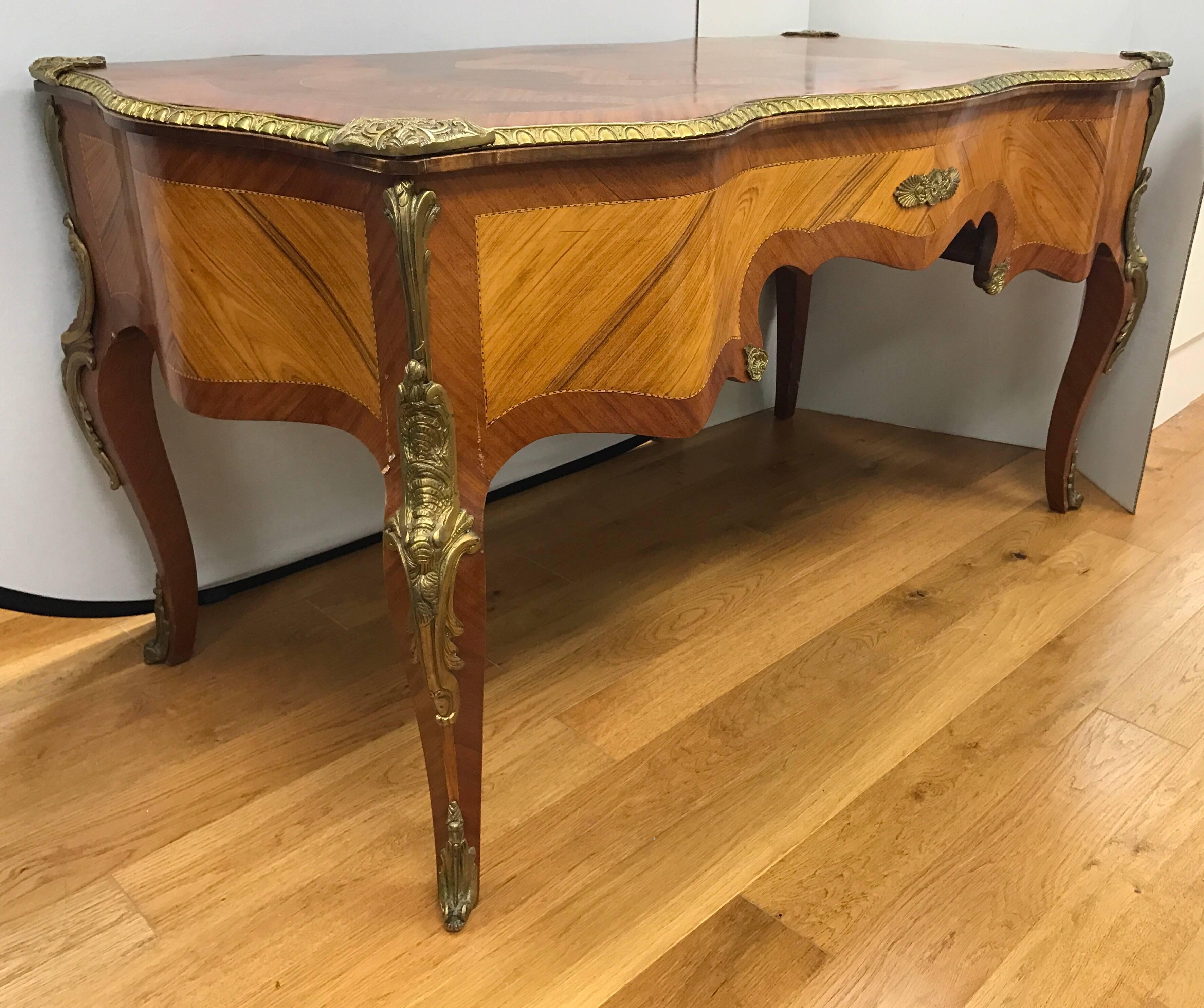 French Louis XV Writing Desk Bureau Plat with Parquetry and Bronze Ormolu Mounts 3