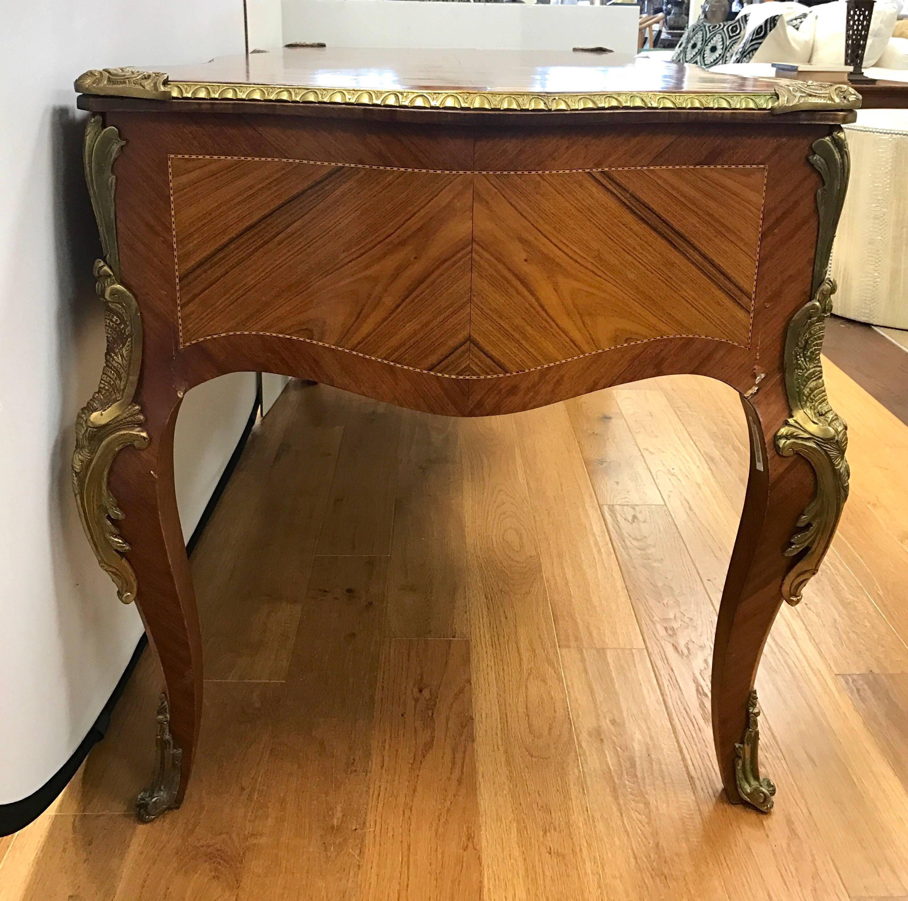 French Louis XV Writing Desk Bureau Plat with Parquetry and Bronze Ormolu Mounts 6