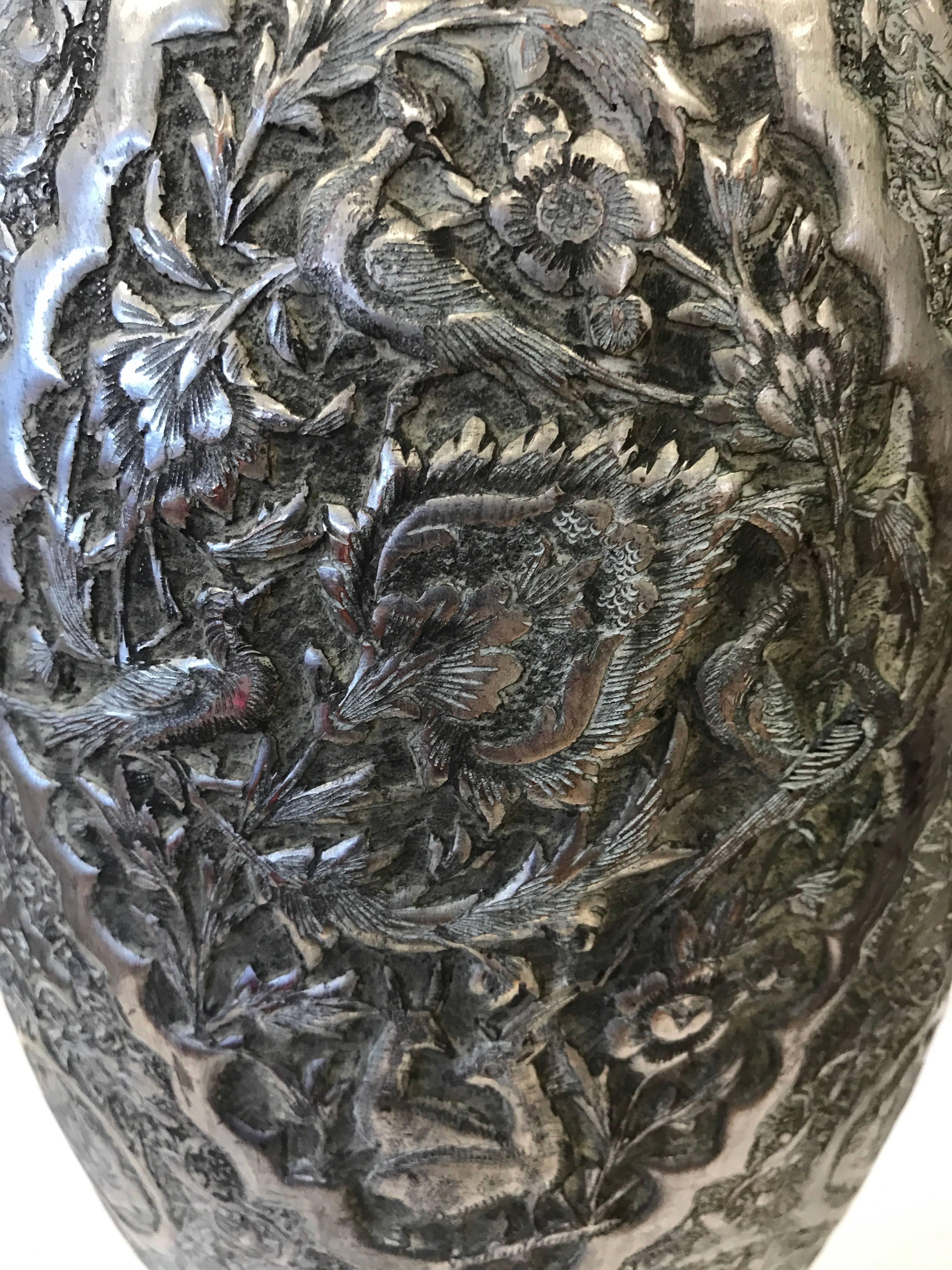 Large Islamic Hammered Copper, Inlaid Brass and Silver Repousse Vase Urn In Good Condition In West Hartford, CT