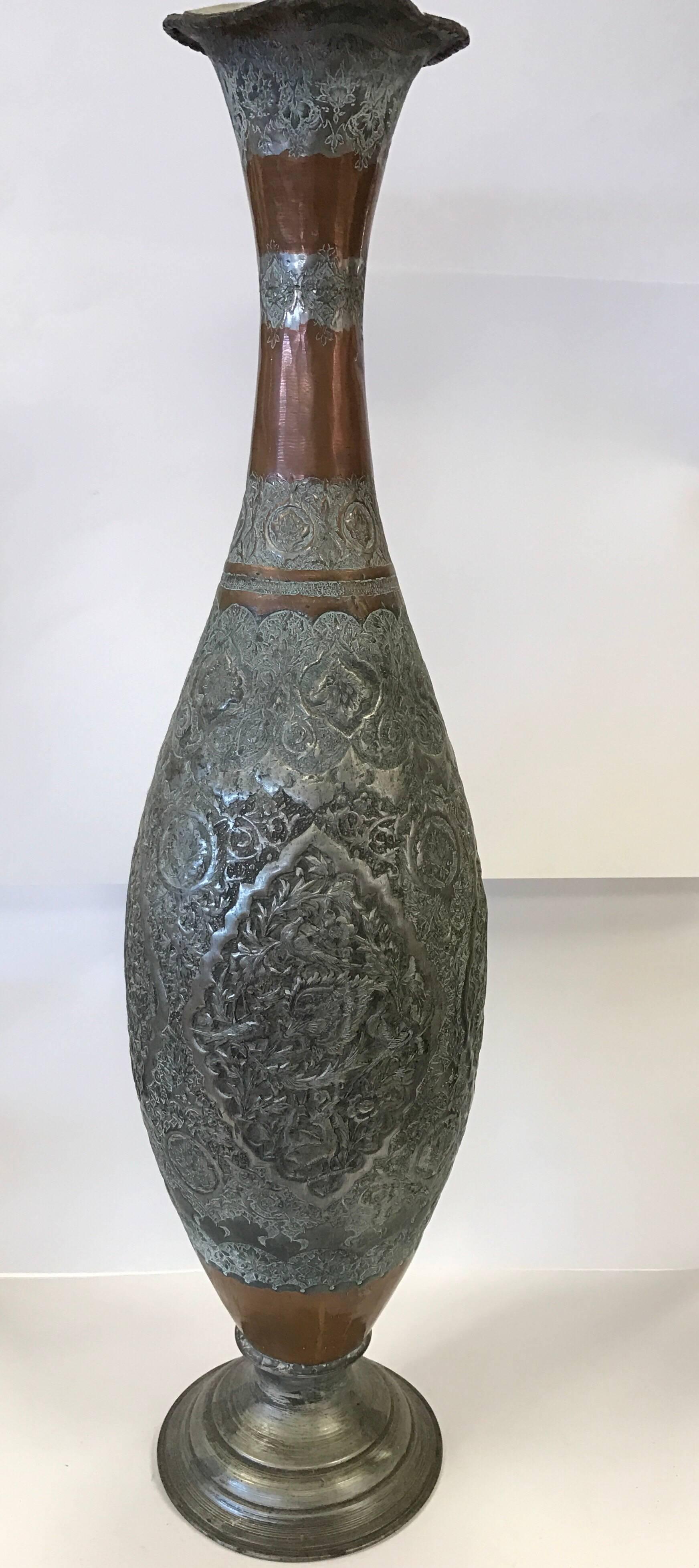 20th Century Large Islamic Hammered Copper, Inlaid Brass and Silver Repousse Vase Urn