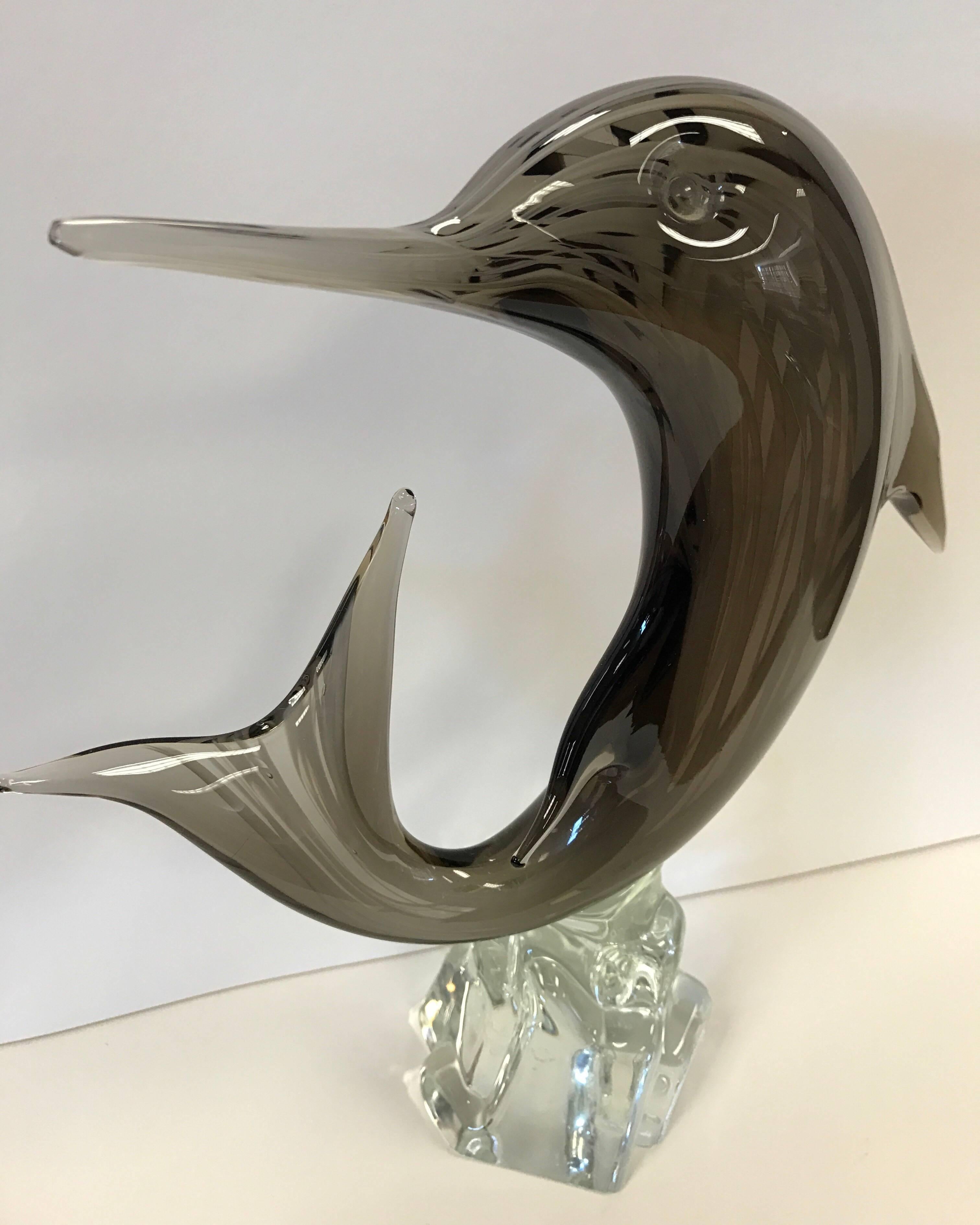 Licio Zanetti signed dolphin fish midcentury glass sculpture from the 1970s. Zanetti signature and hallmarks are at bottom.