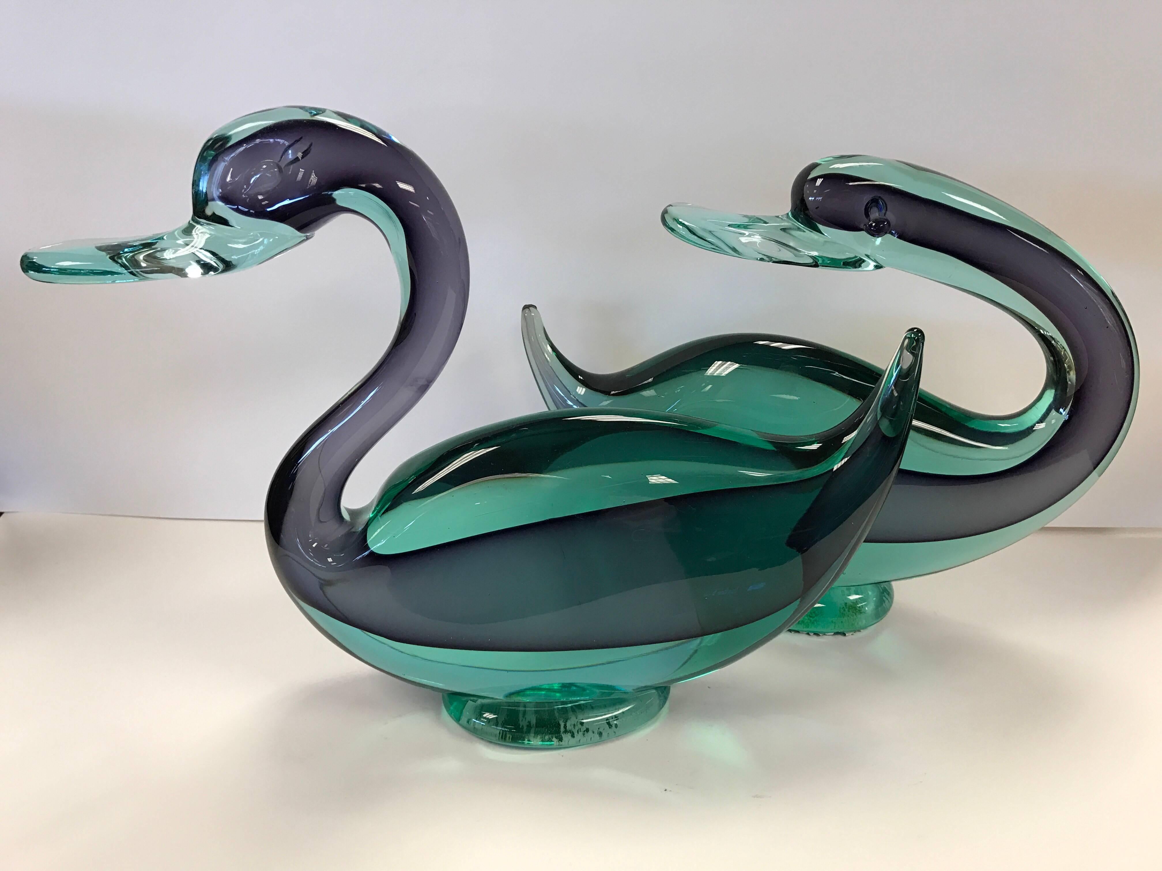 Pair of midcentury blown art Murano glass green birds, ducks. No hallmarks on bottom.