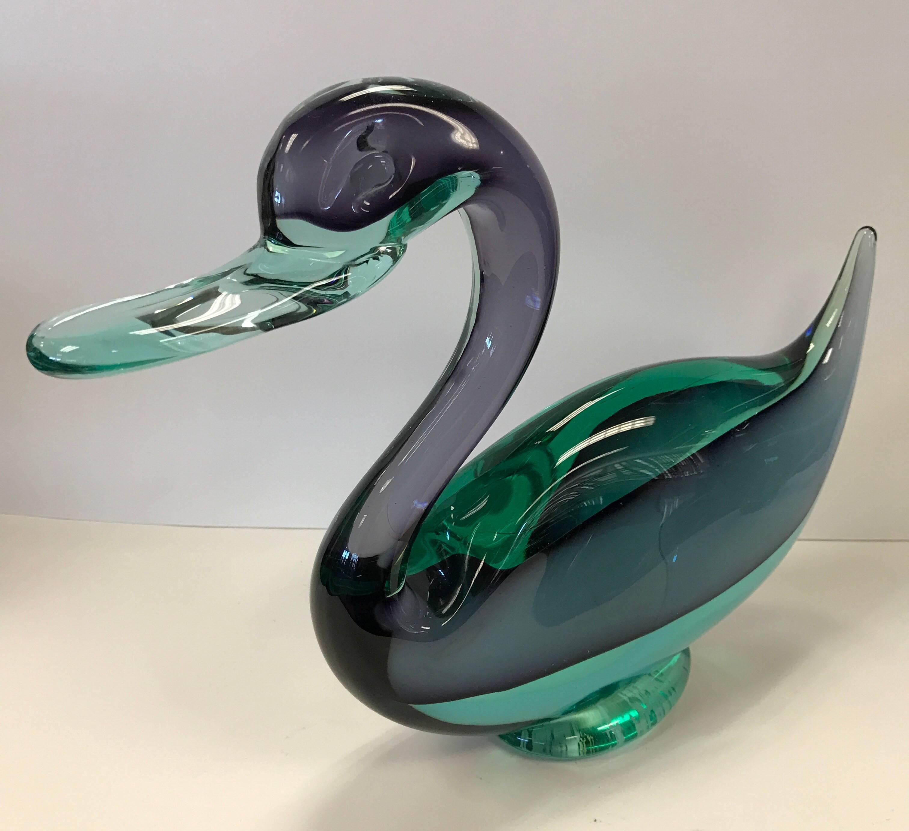 Mid-Century Modern Pair of Murano Sculptures or Figurines of Birds, Ducks Blown Art Glass, Italy