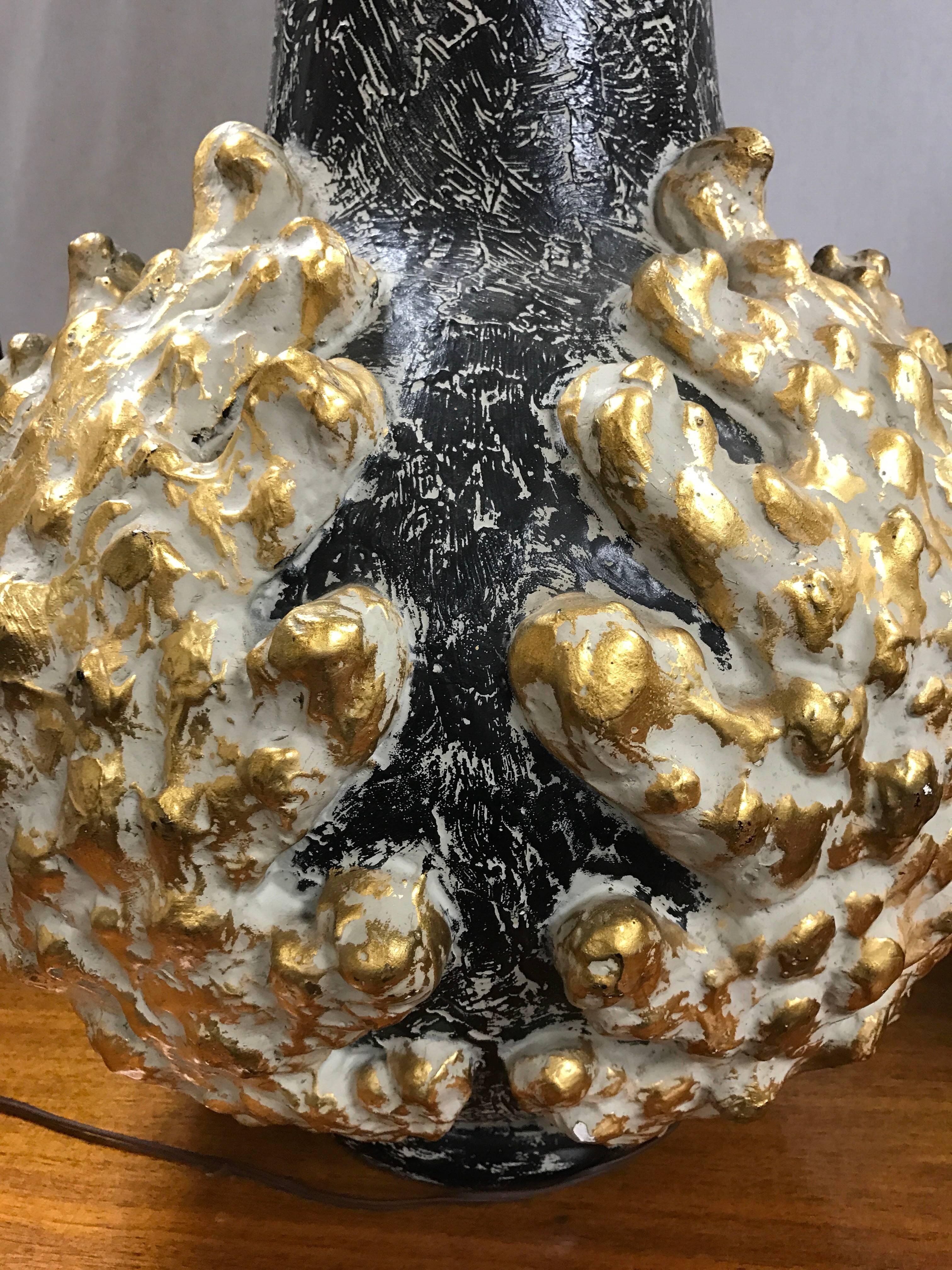 Plaster Pair of Monumental Midcentury Black and Gold Lamps