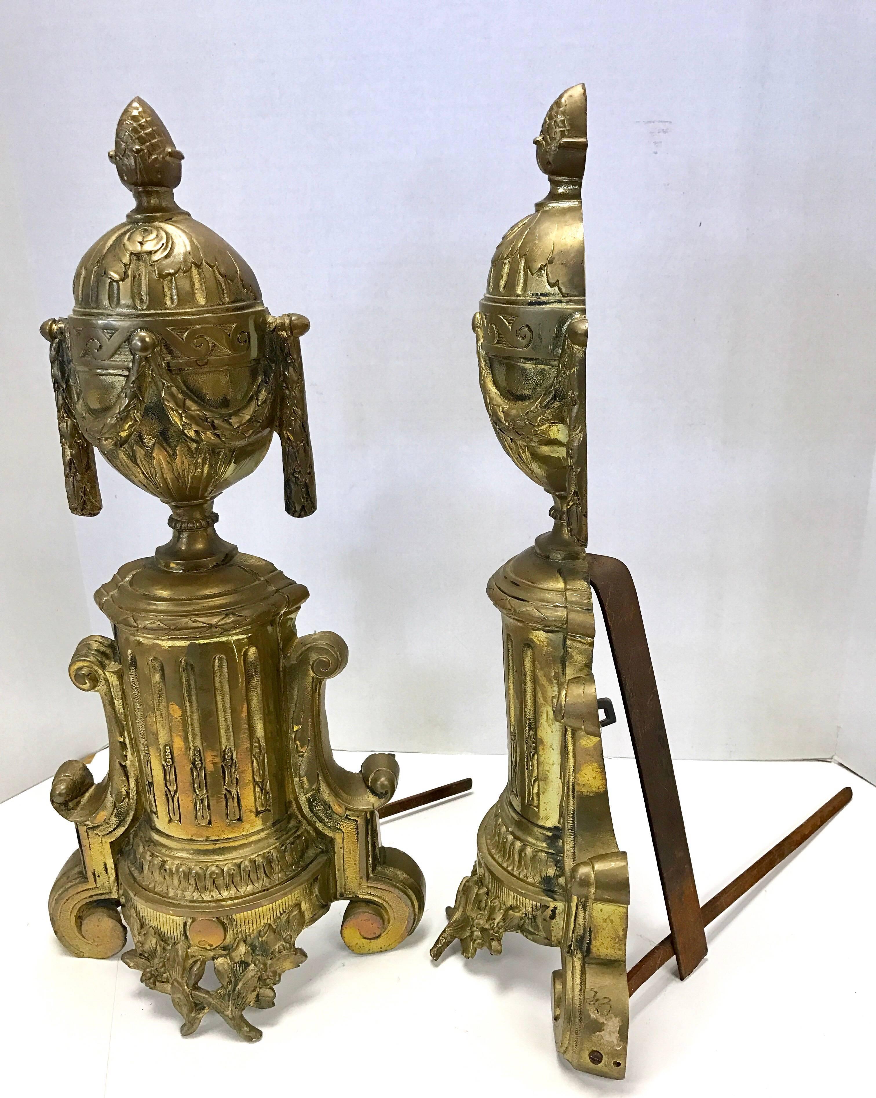 Pair of French Cast Brass Andirons and Fender 1