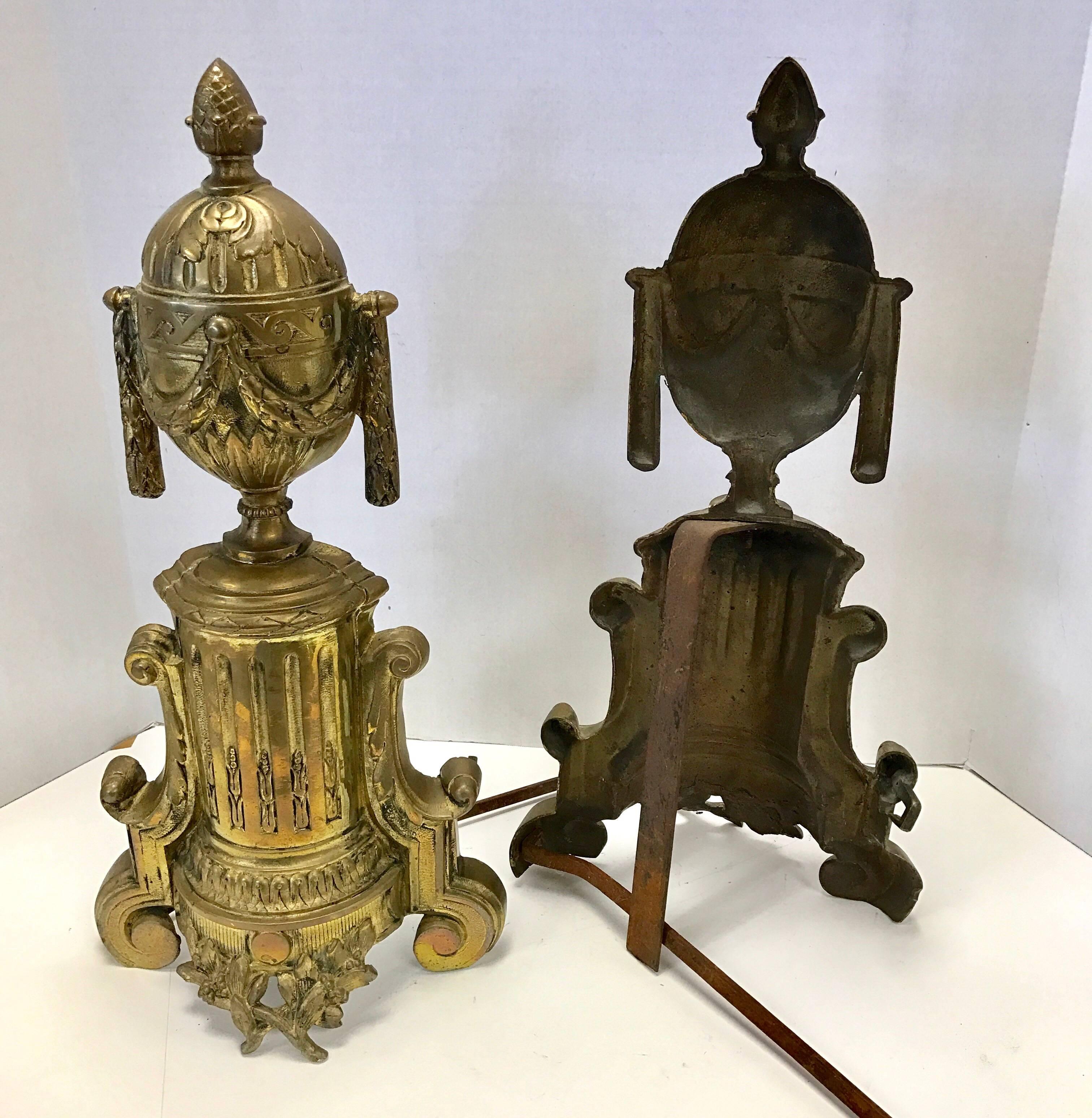 Pair of French Cast Brass Andirons and Fender 2