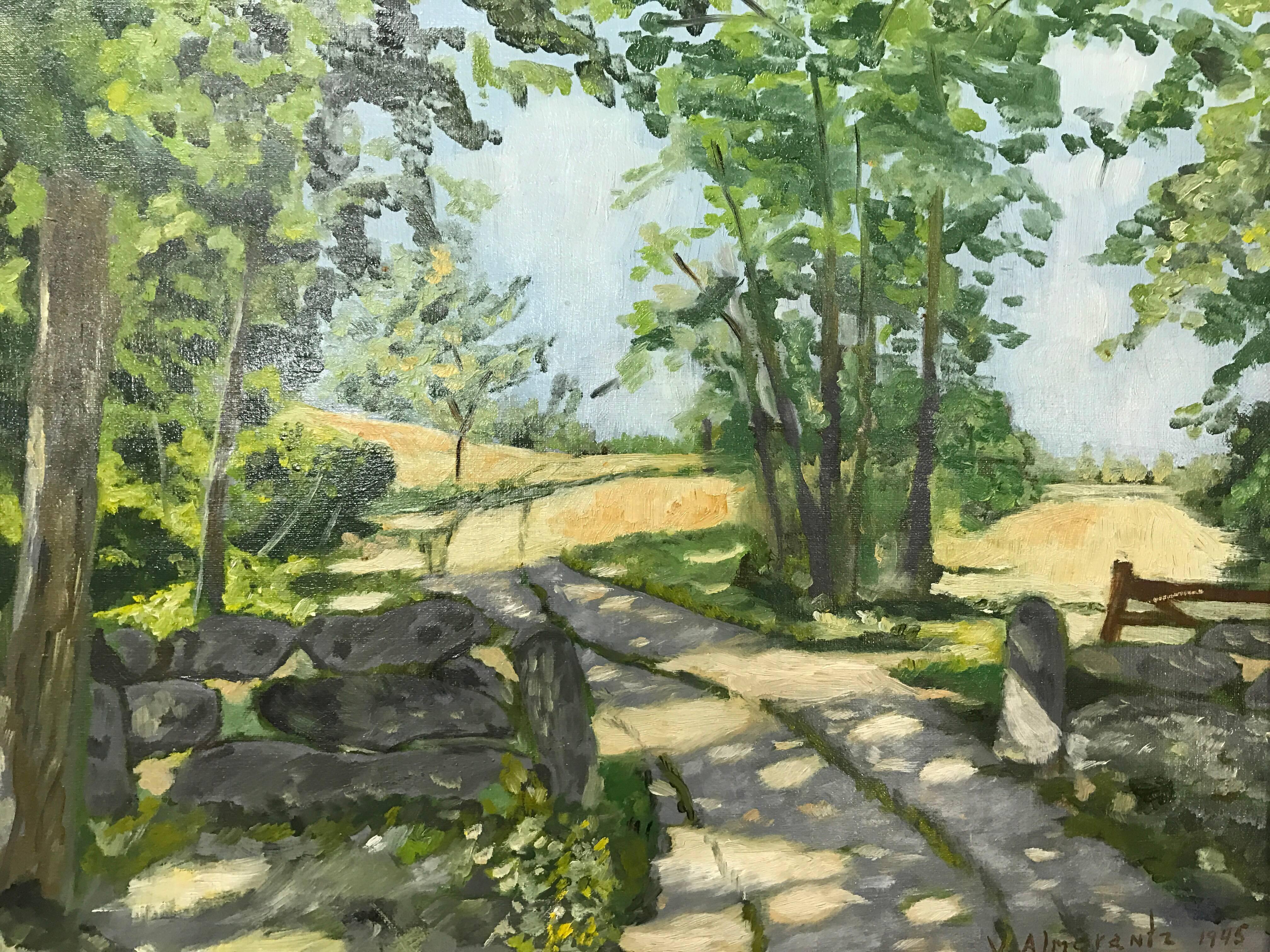 Original oil painting of a country path. Signed and dated lower right, J. Almerantz, 1945.