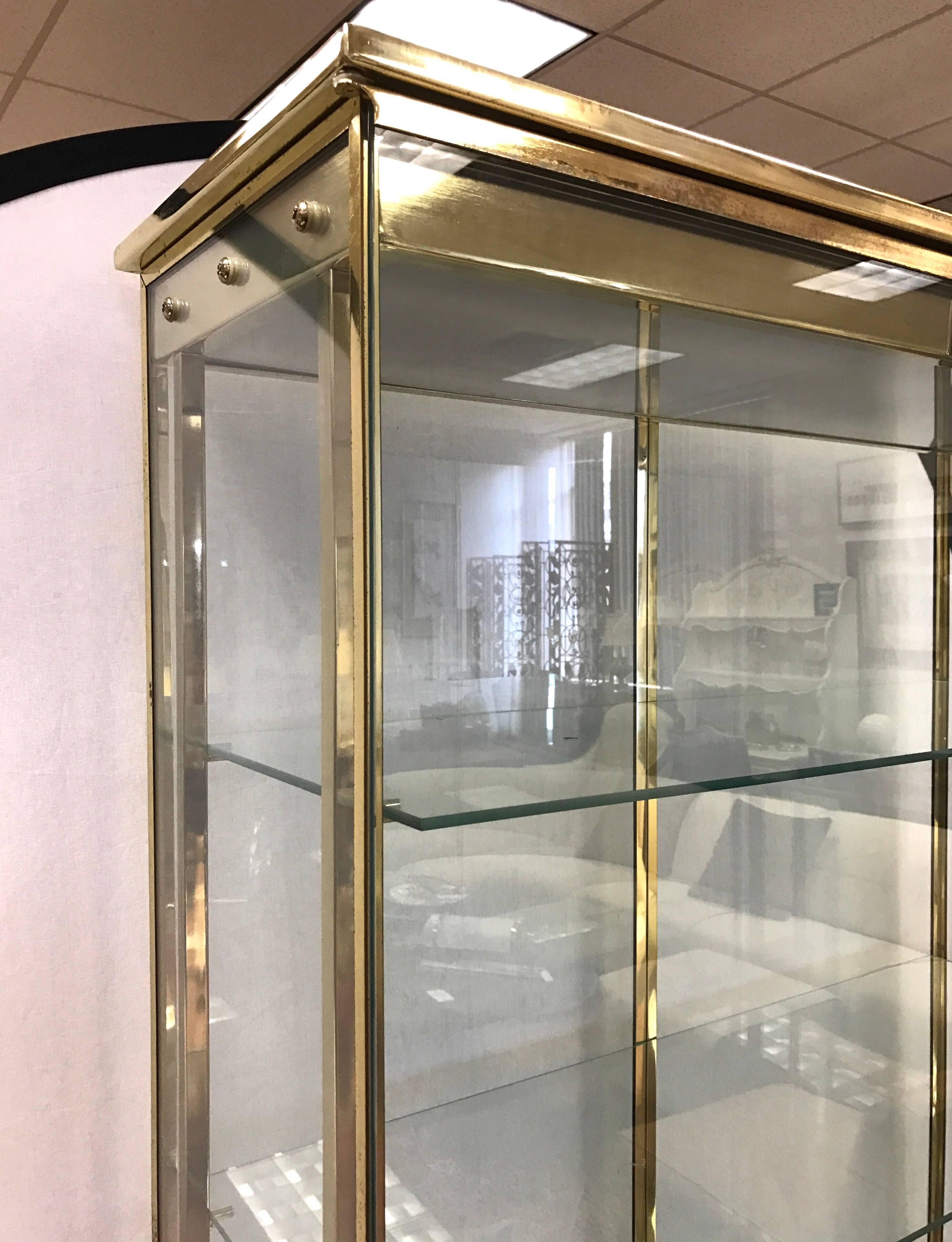 American Mastercraft Brass and Glass Curio Cabinets Display Cases Vitrines, Pair