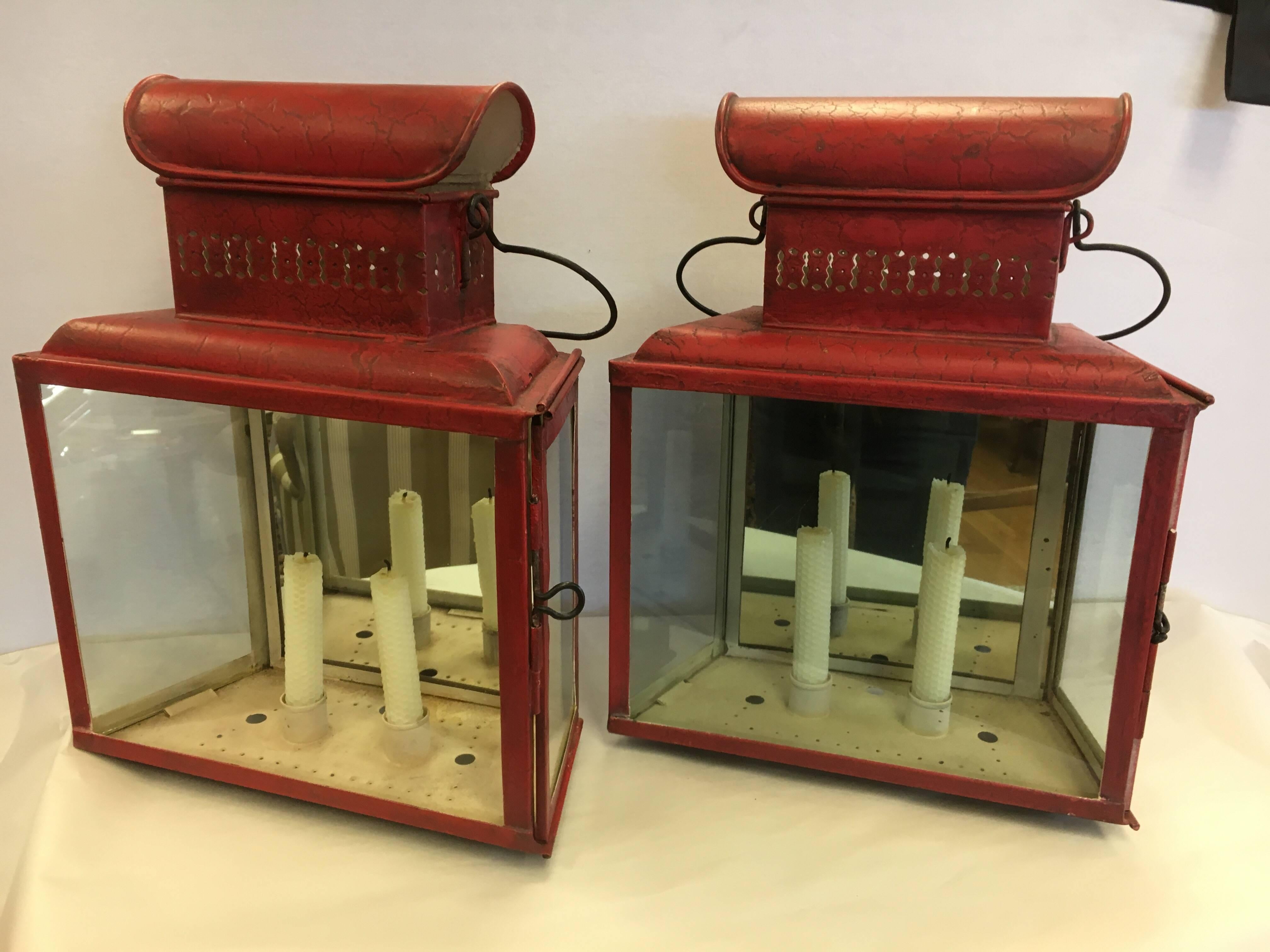 Antique Red Tole Lanterns Sconces Candleholders 1