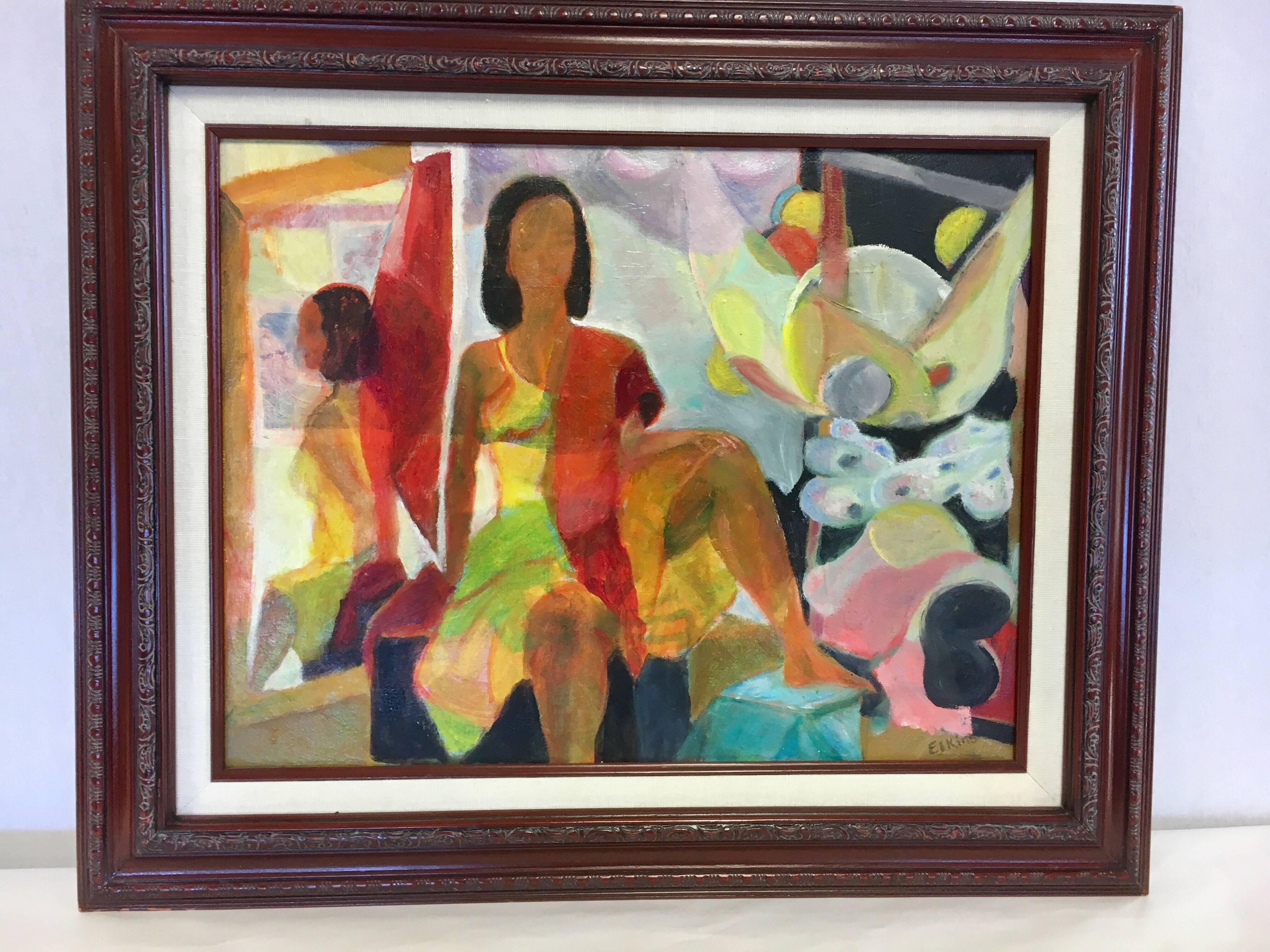 Signed, original 1970s oil on canvas, framed painting. Subject is a women in a yellow dress looking into a mirror. Signed on the bottom right by the artist Elkins.