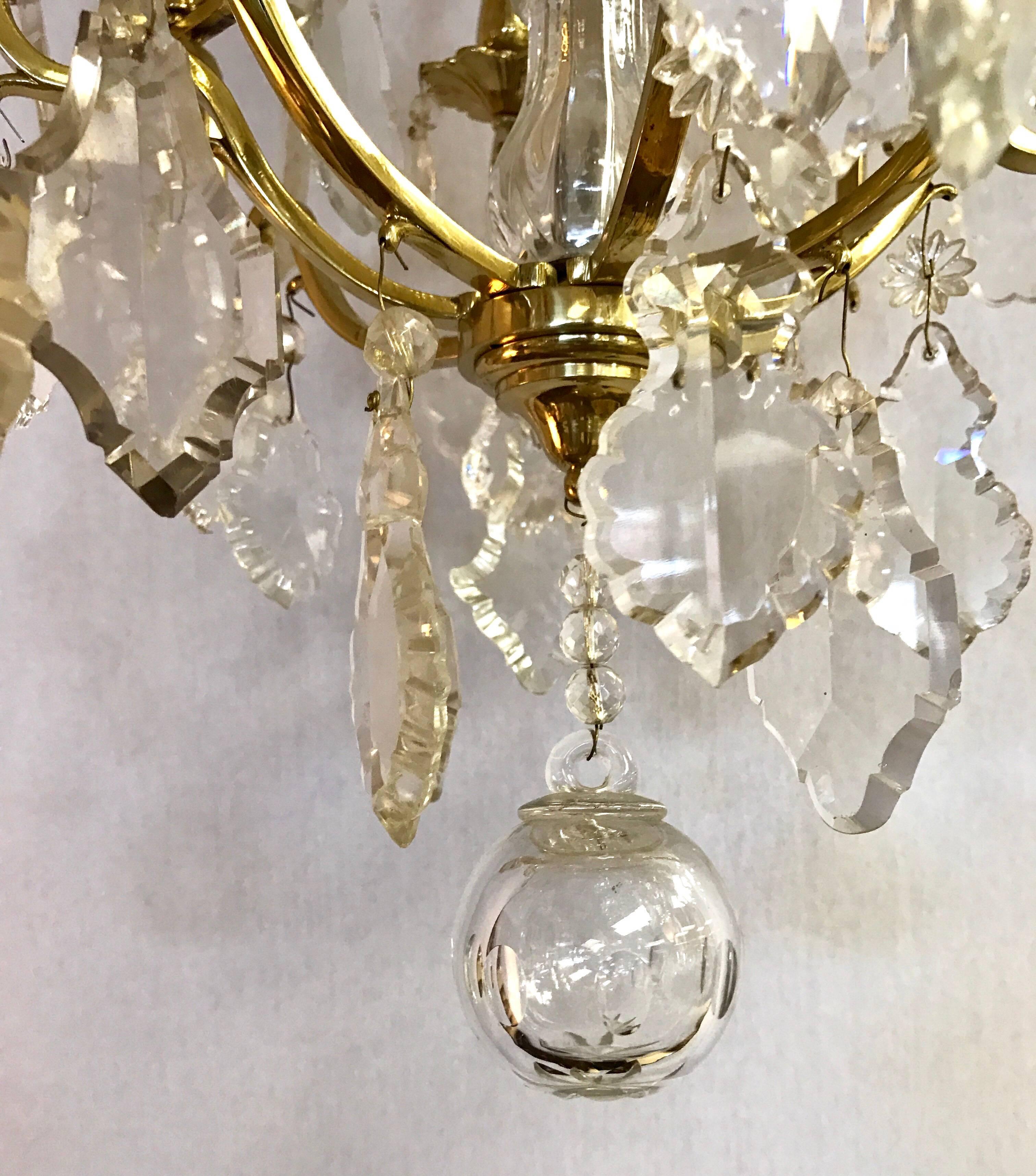 20th Century French Four-Light Rock Crystal and Brass Chandelier