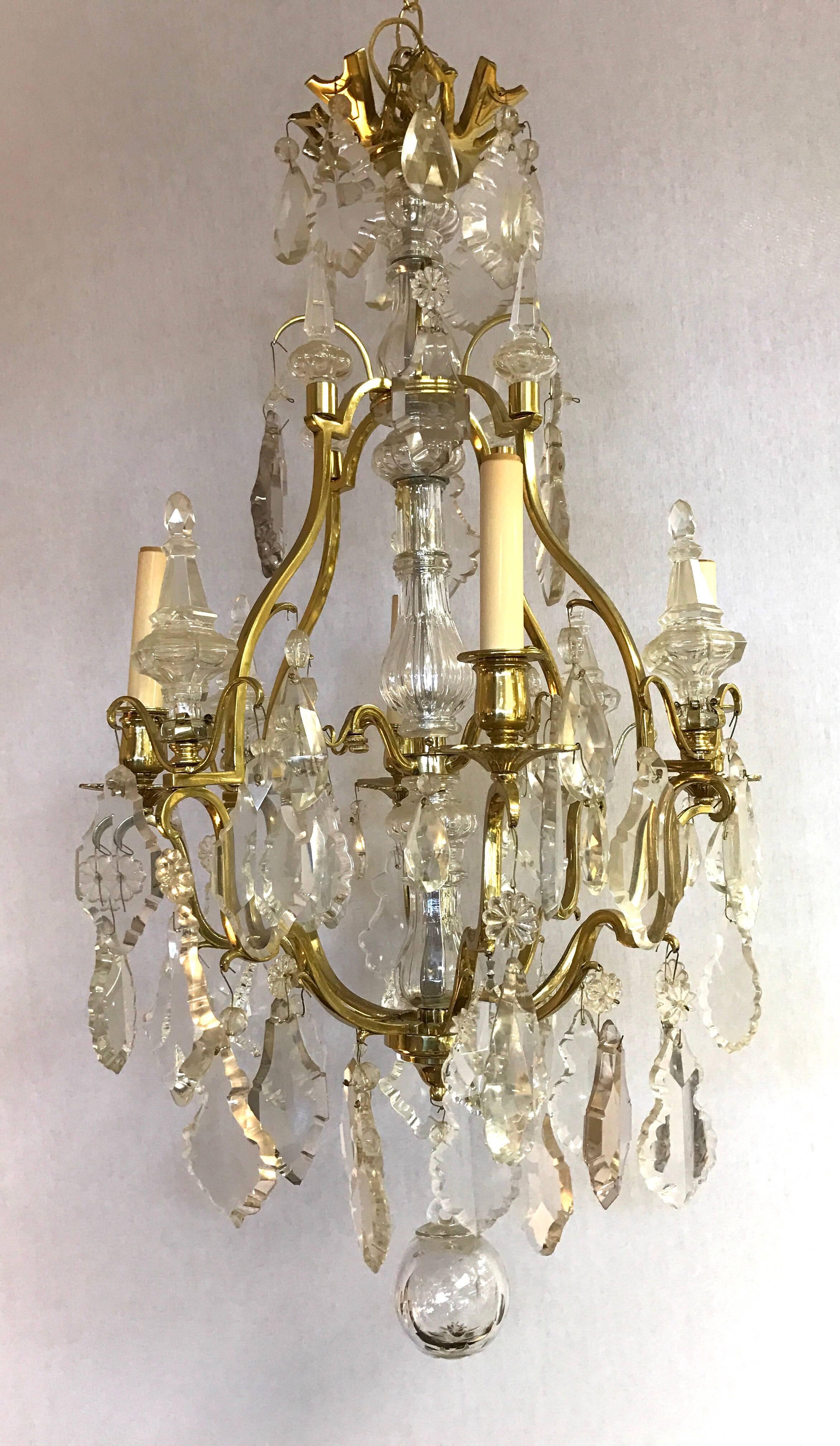 French Four-Light Rock Crystal and Brass Chandelier 2