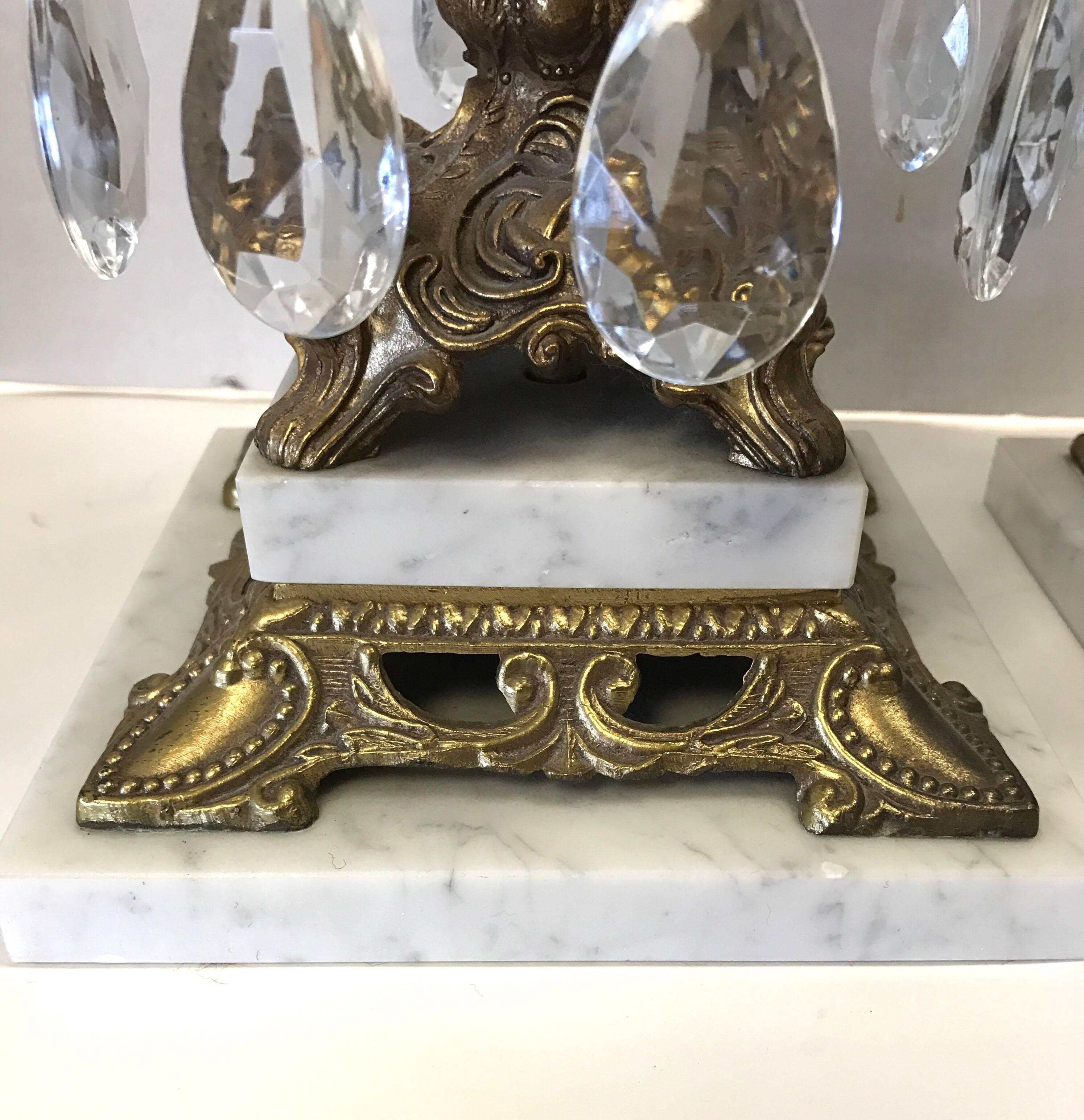 Pair of Hollywood Regency Bronze and Crystal Lamps In Excellent Condition In West Hartford, CT