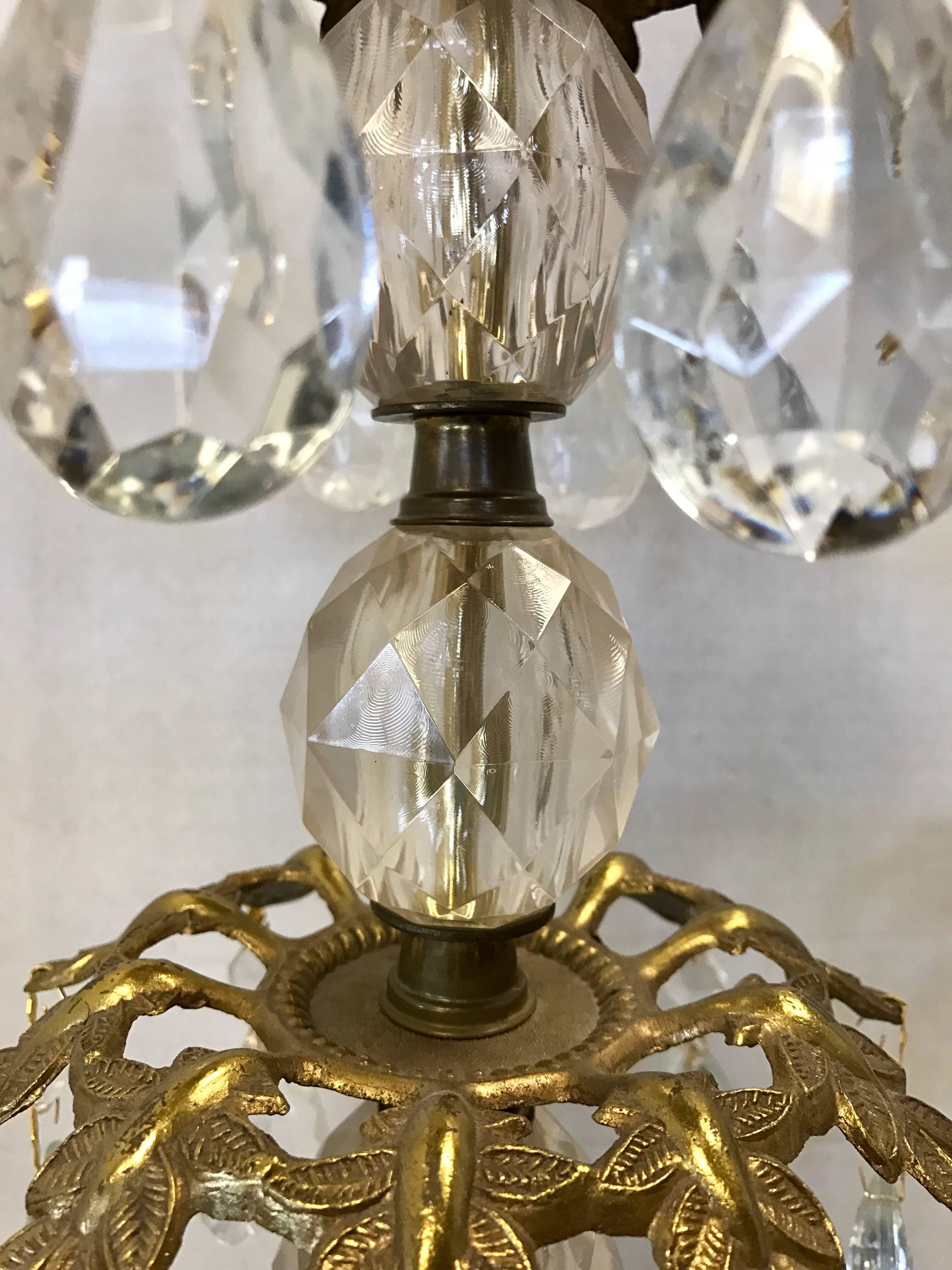 Mid-20th Century Pair of Hollywood Regency Bronze and Crystal Lamps